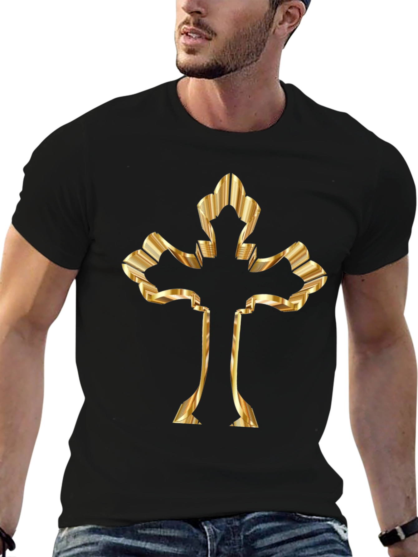 Golden Cross Graphic Print Black T-Shirt