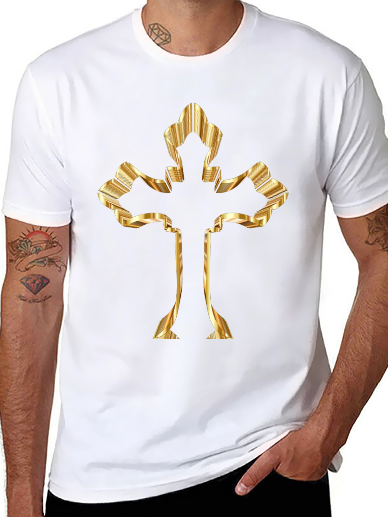 Golden Cross Graphic Print Black T-Shirt