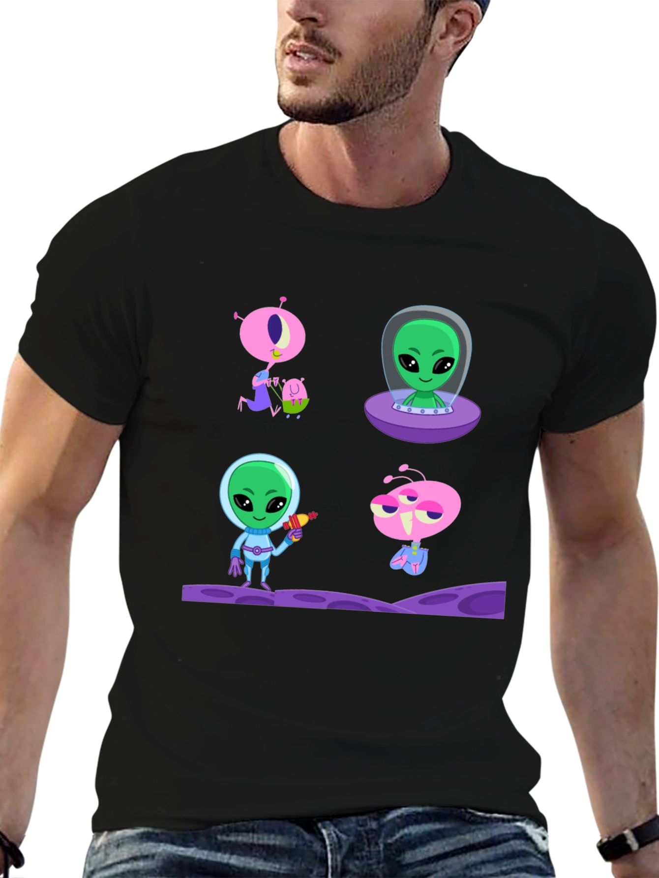 Alien Cartoon Graphic T-Shirt - Black Cotton Tee