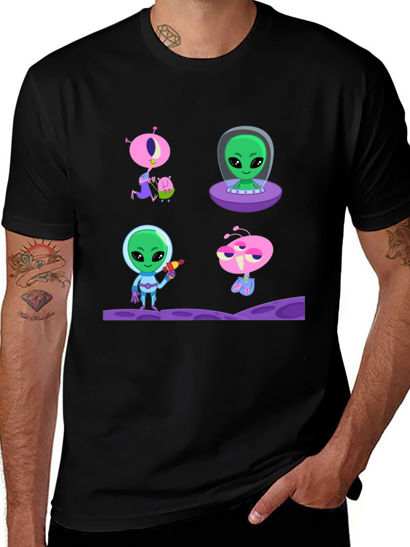 Alien Cartoon Graphic T-Shirt - Black Cotton Tee