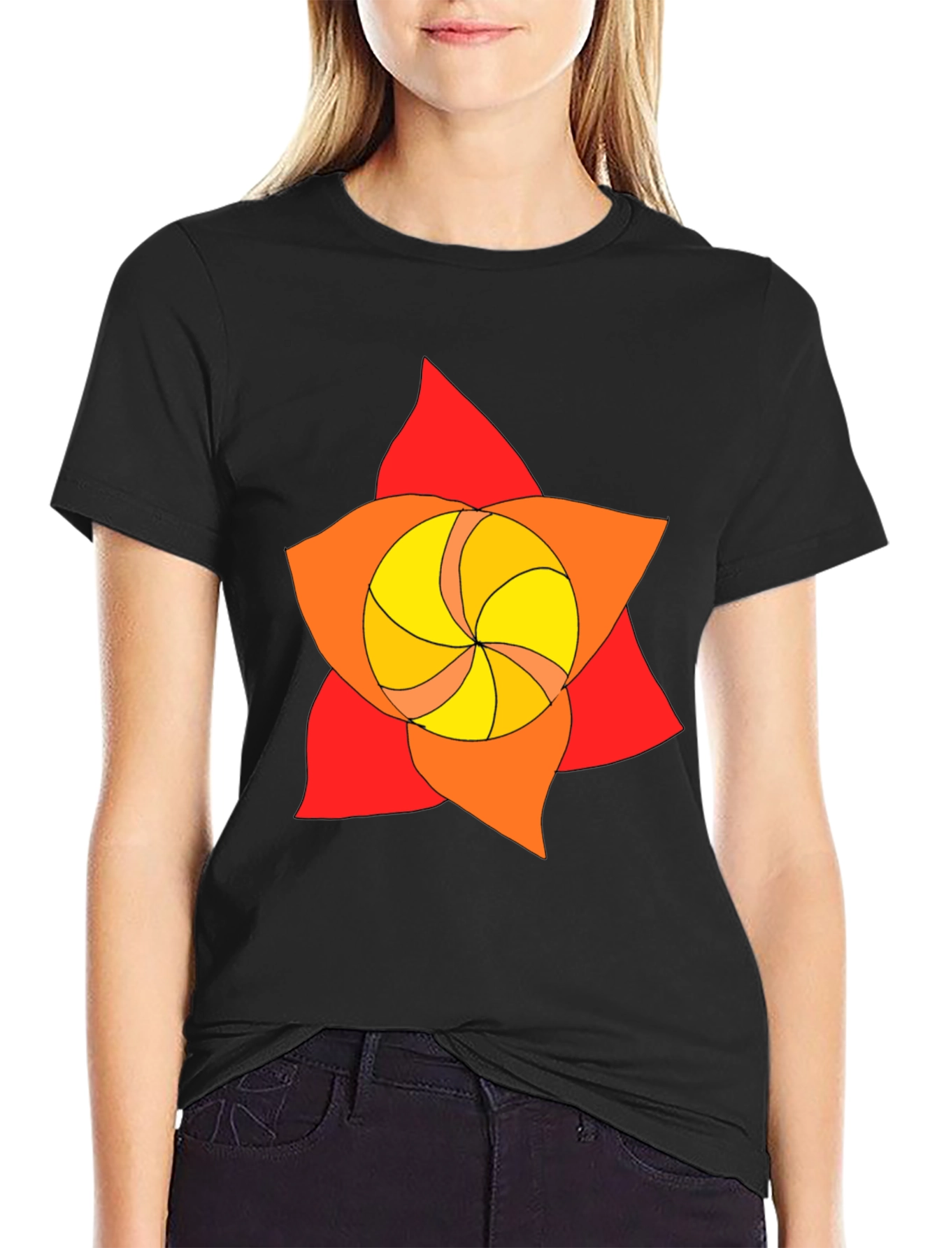 Geometric Flower Graphic Tee - Black
