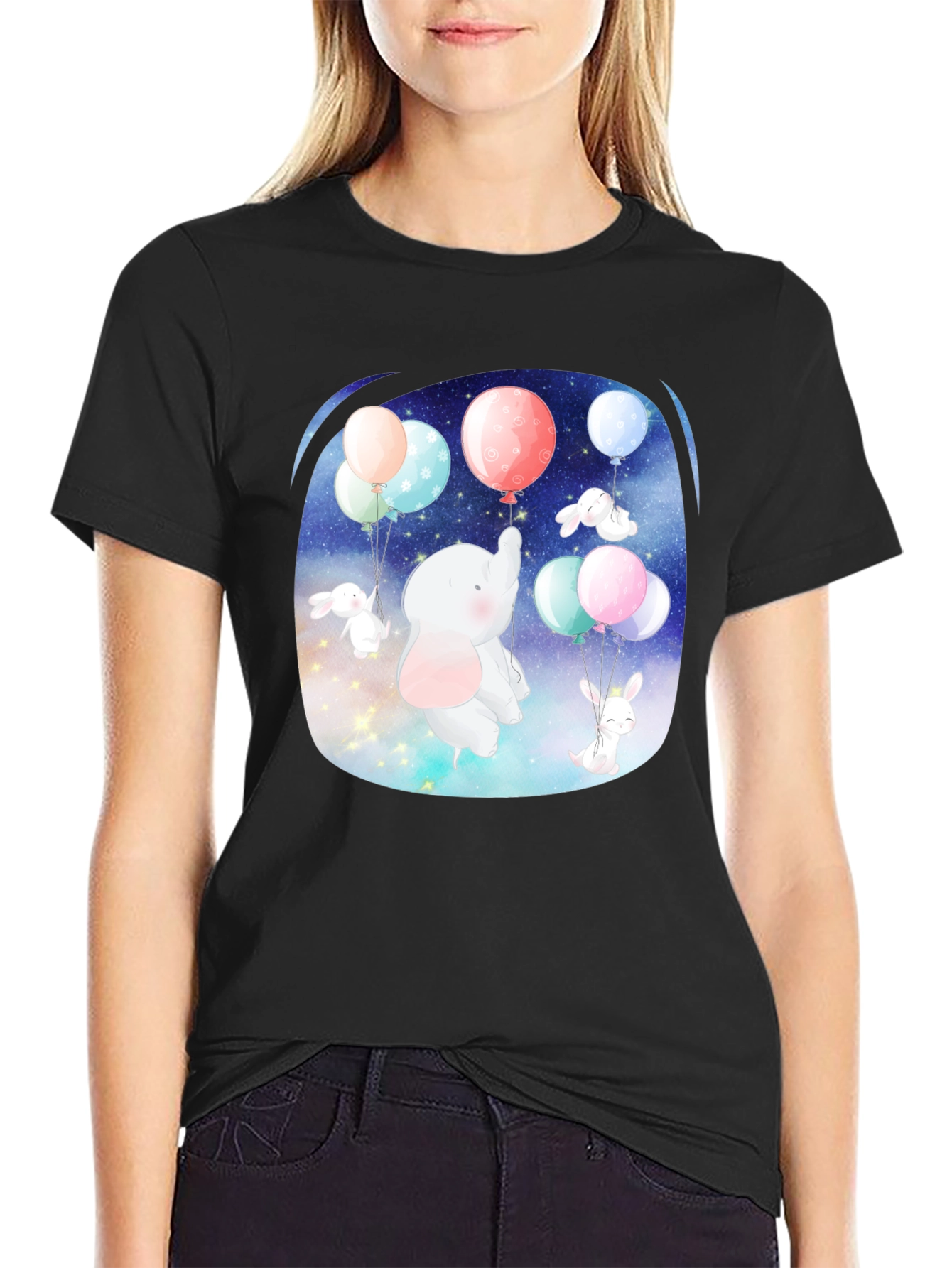 Cute Elephant & Bunny Balloon Ride Graphic Tee