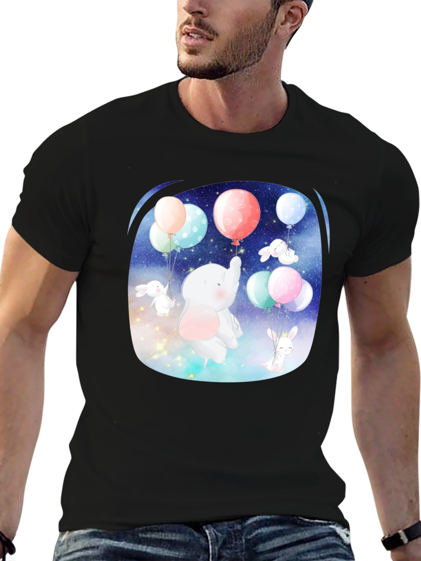Cute Elephant & Bunny Balloon Ride Graphic Tee