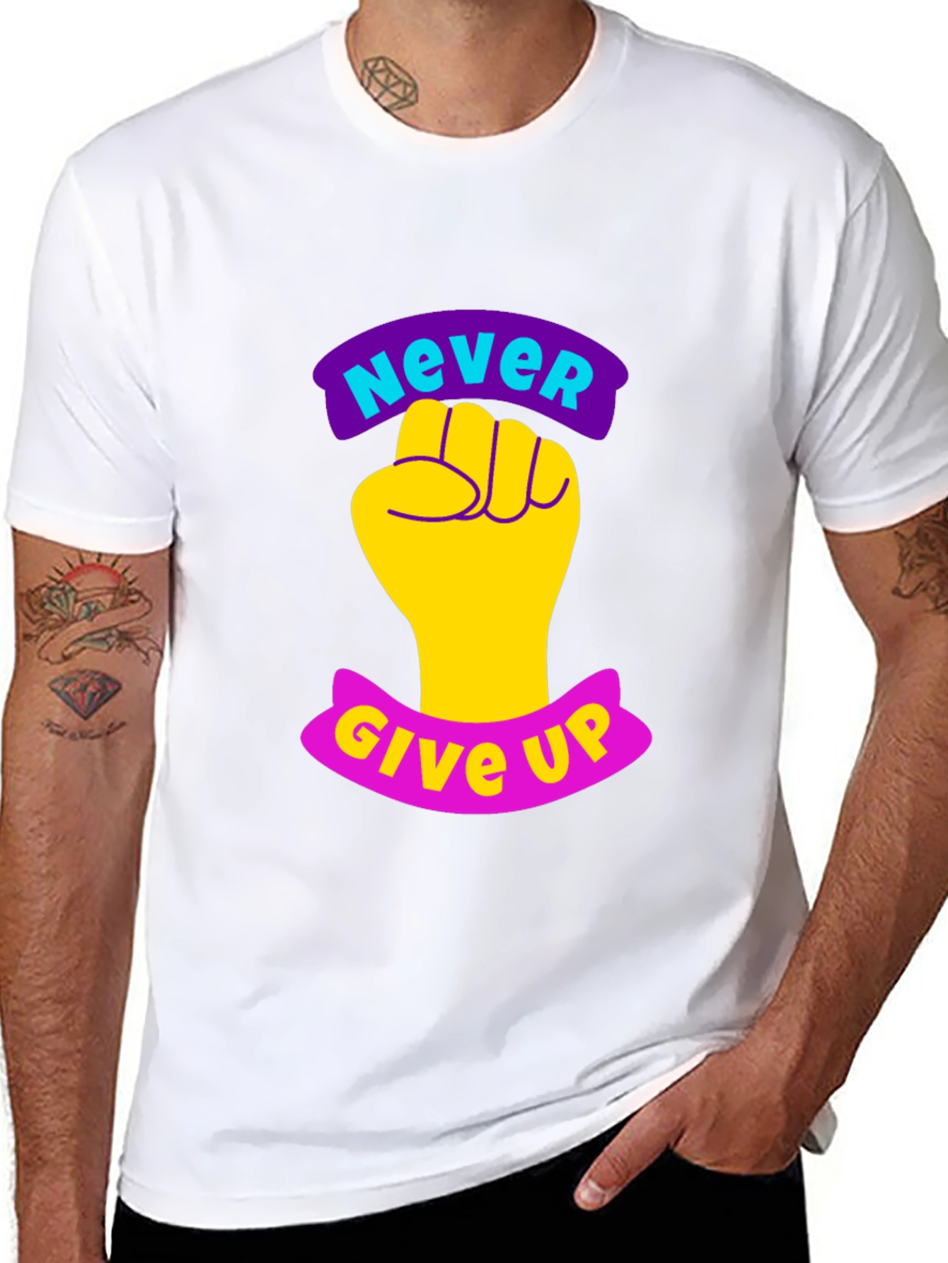 Never Give Up Graphic Tee - Motivational Fist