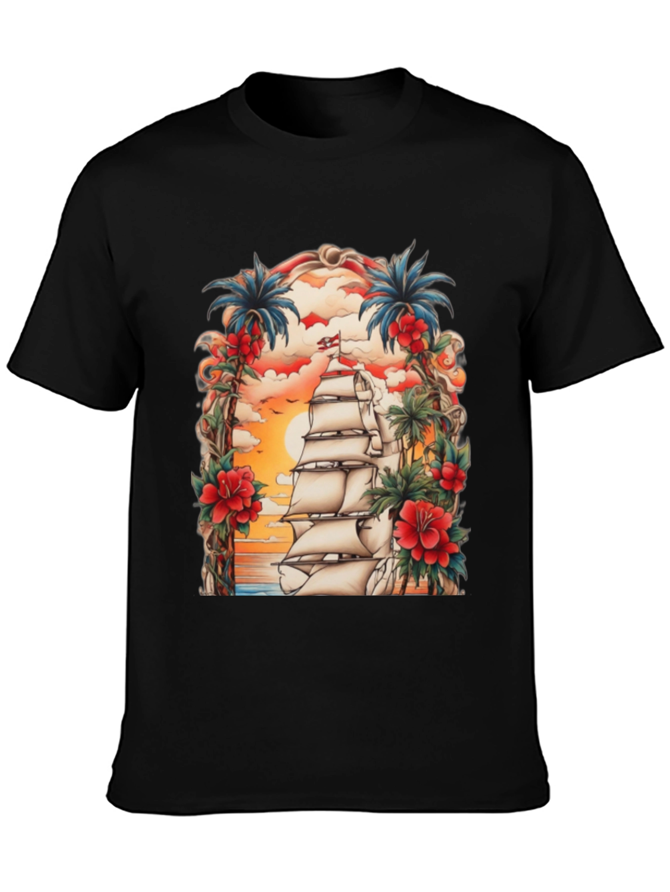Tropical Sailing Ship Graphic Tee - Black Cotton T-Shirt