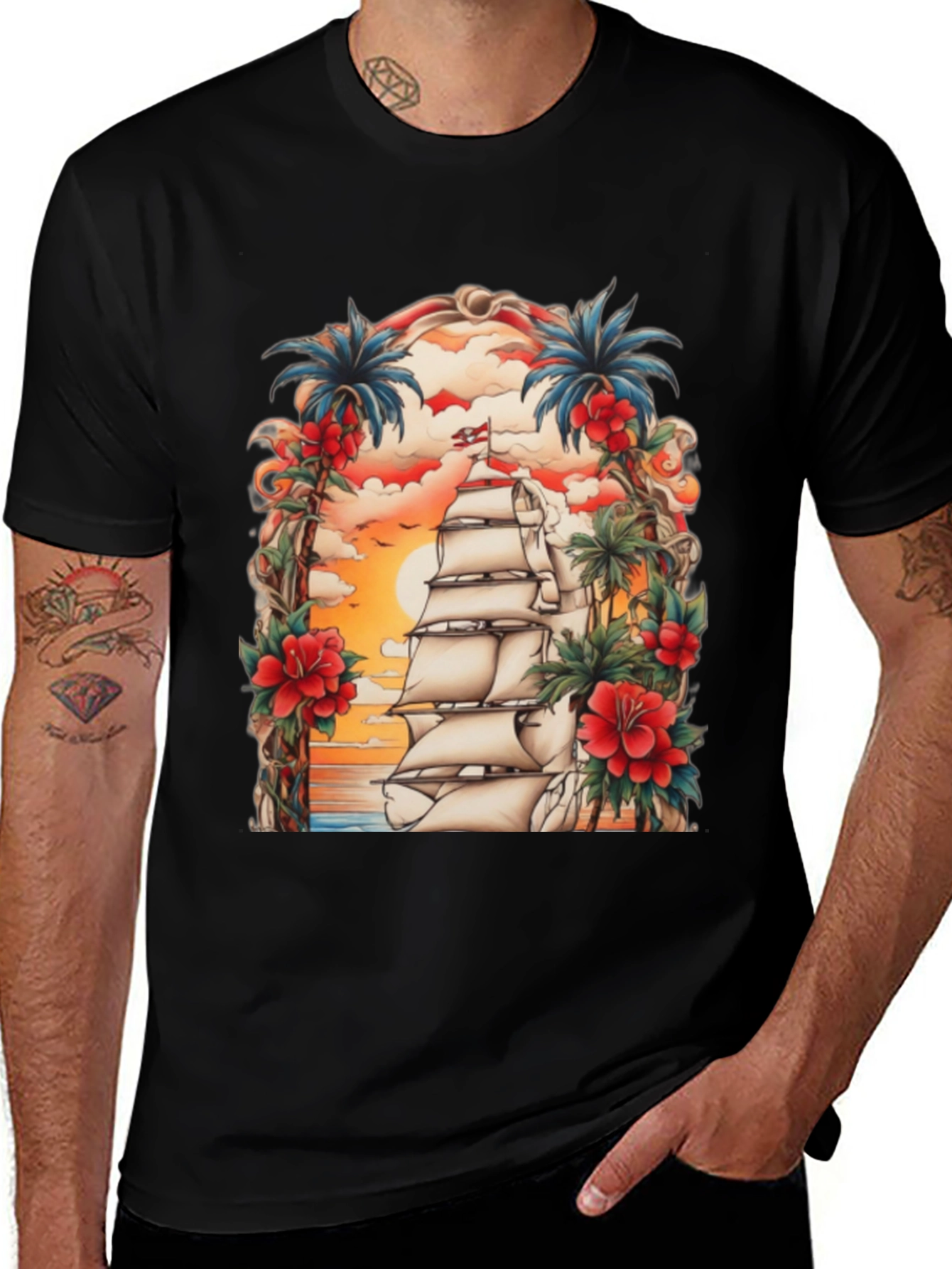 Tropical Sailing Ship Graphic Tee - Black Cotton T-Shirt