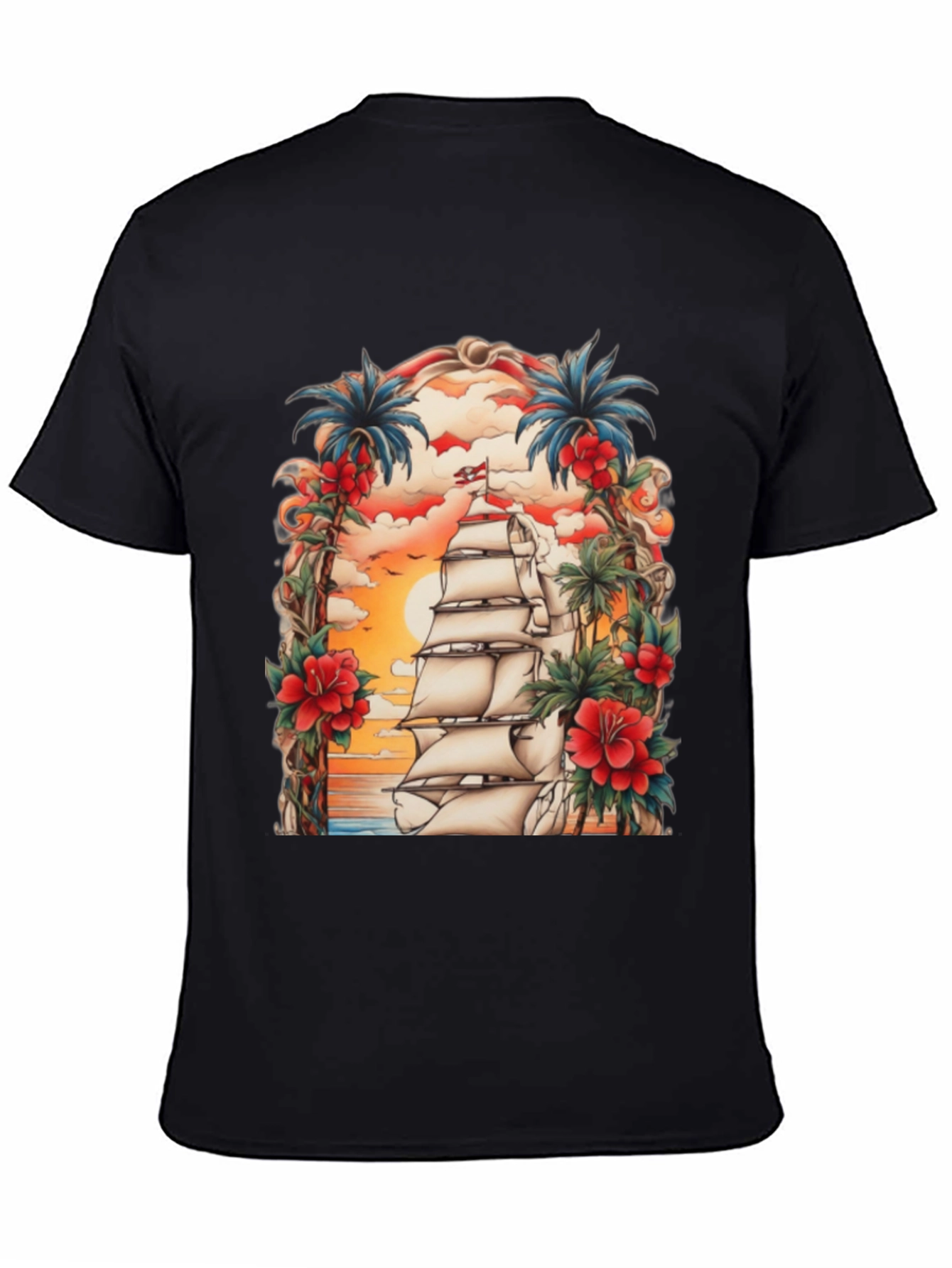 Tropical Sailing Ship Graphic Tee - Black Cotton T-Shirt