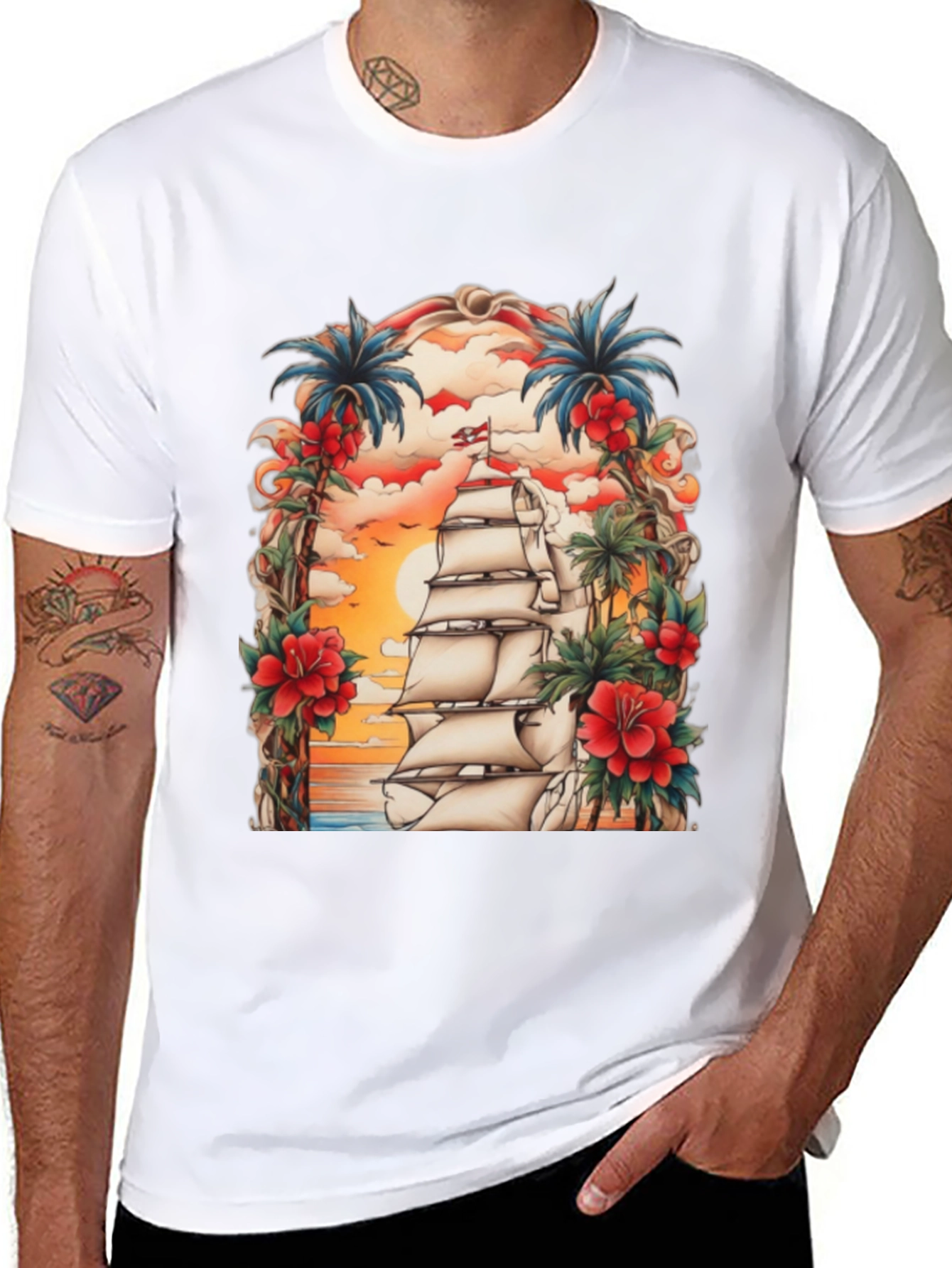 Tropical Sailing Ship Graphic Tee - Black Cotton T-Shirt