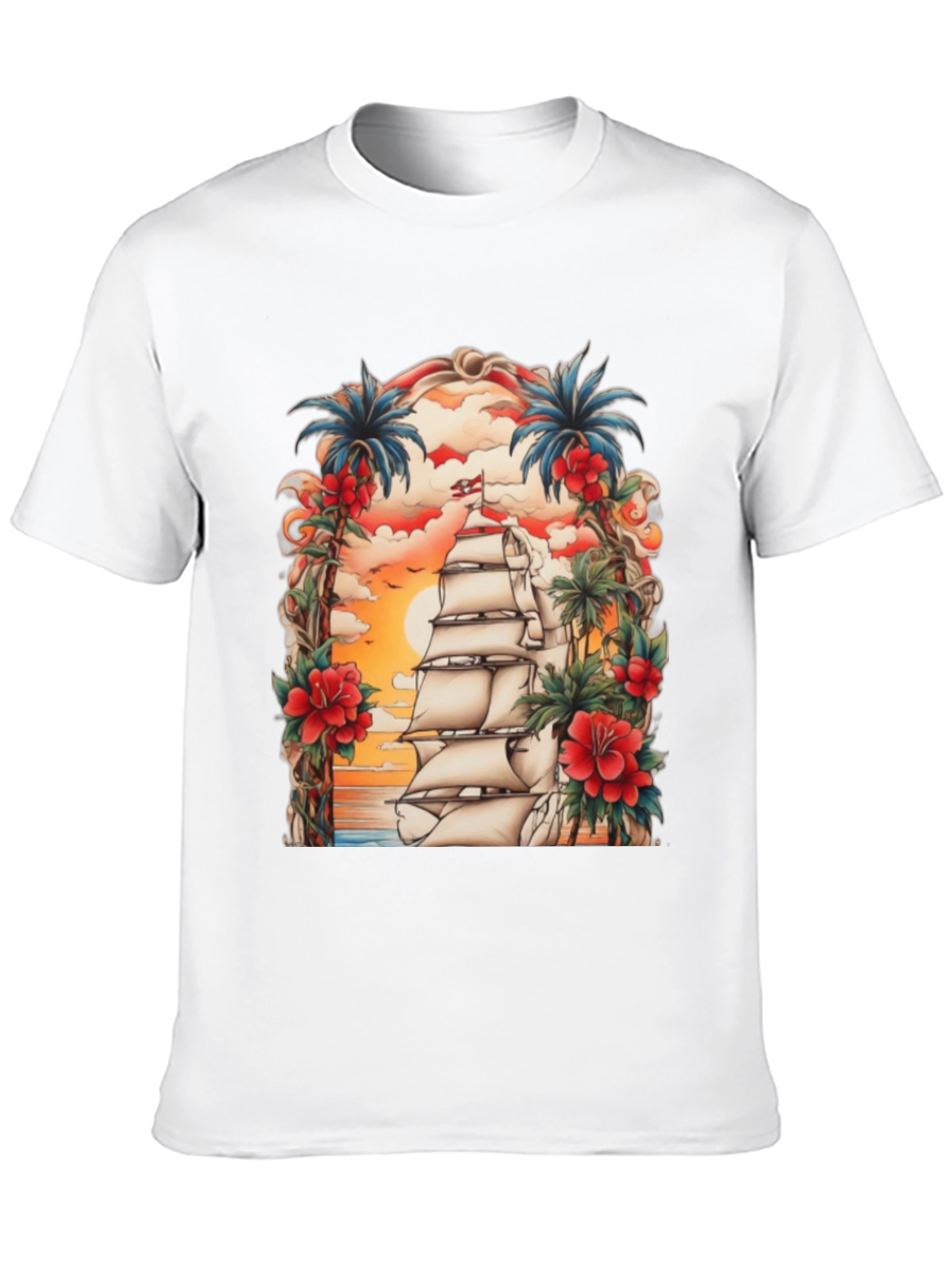 Tropical Sailing Ship Graphic Tee - Black Cotton T-Shirt