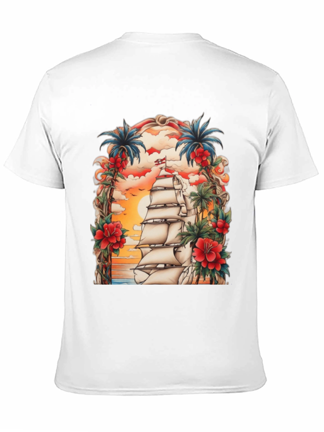 Tropical Sailing Ship Graphic Tee - Black Cotton T-Shirt