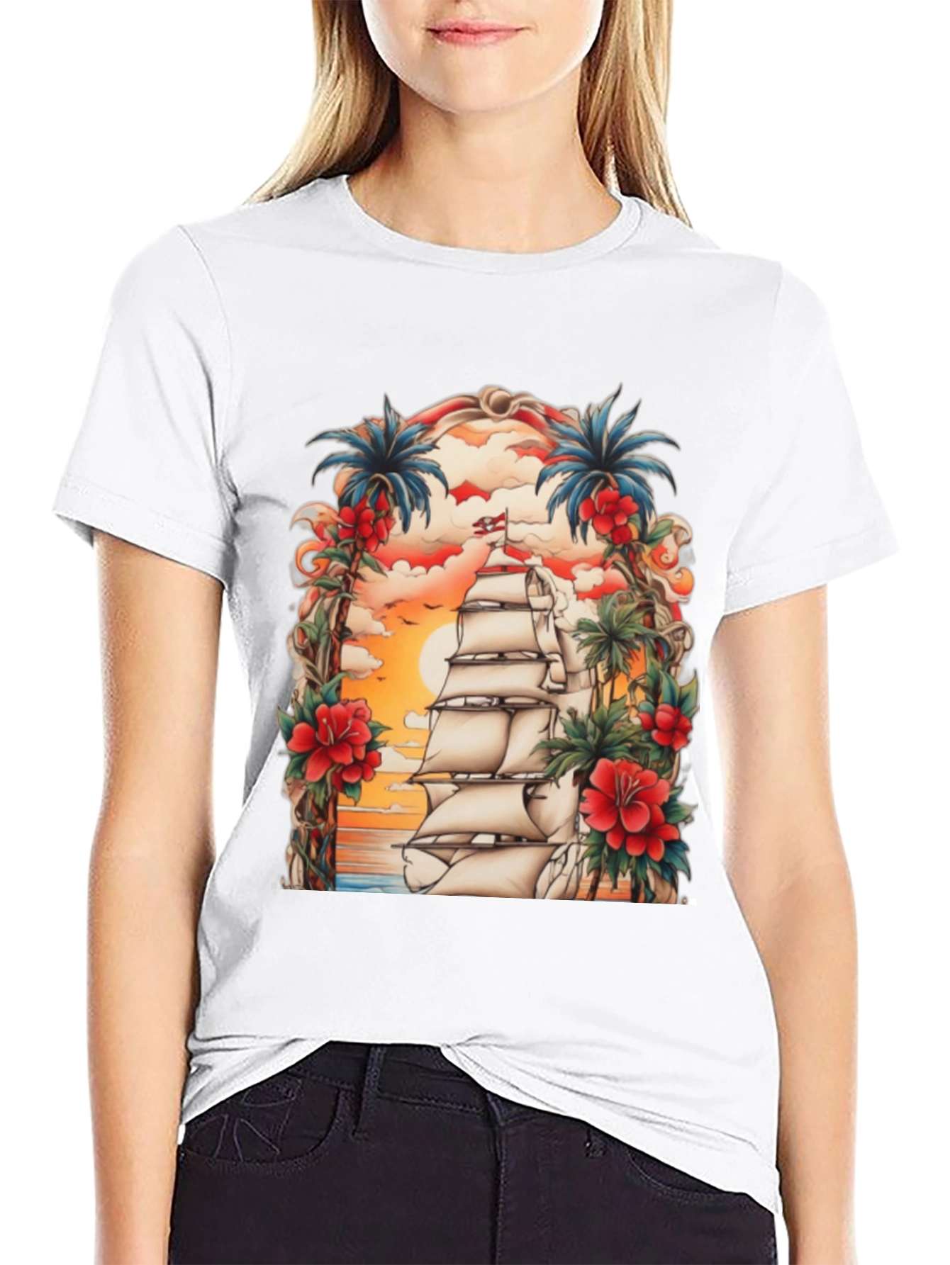 Tropical Sailing Ship Graphic Tee - Black Cotton T-Shirt