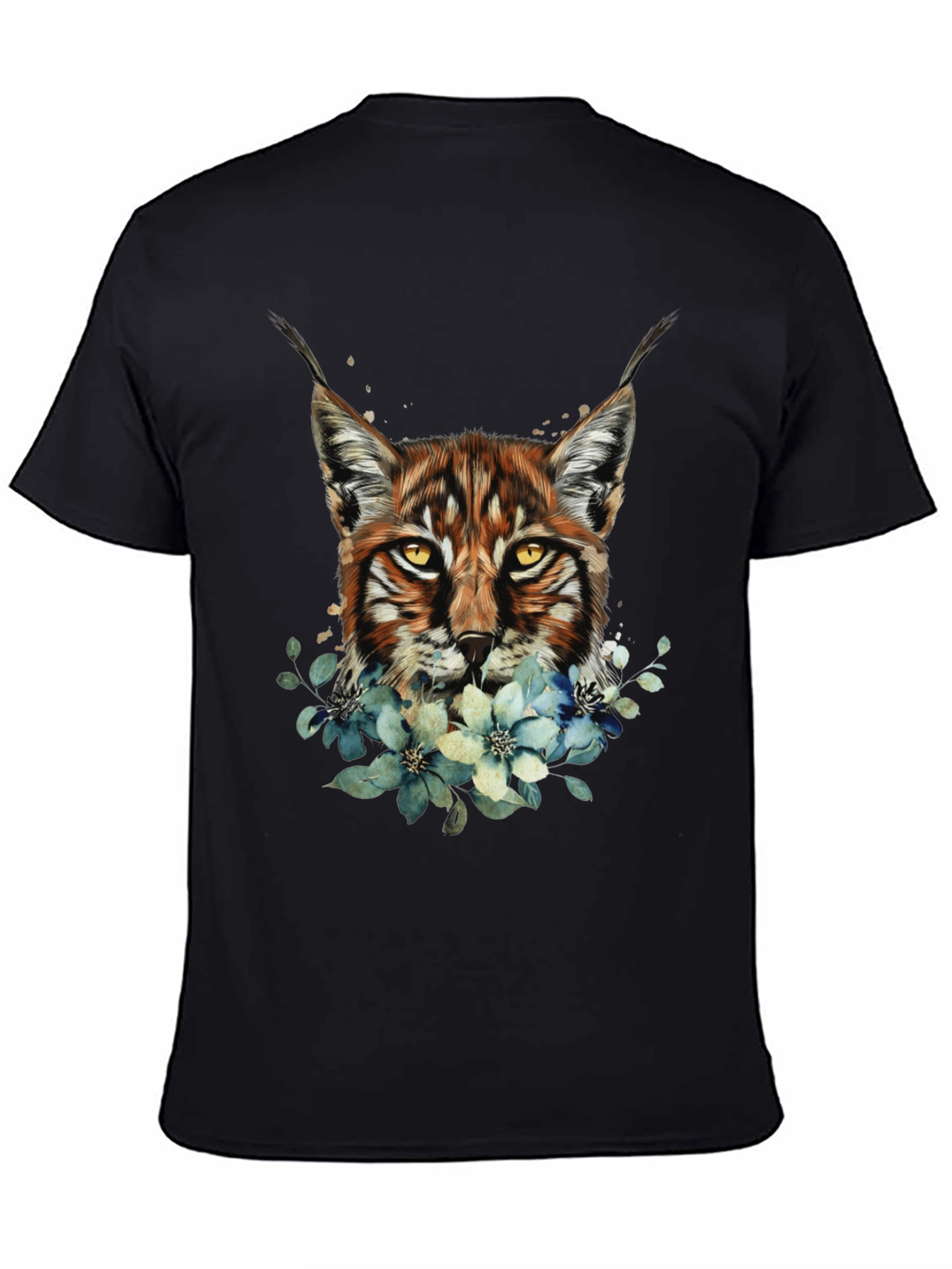 Lynx & Floral Graphic Black T-Shirt
