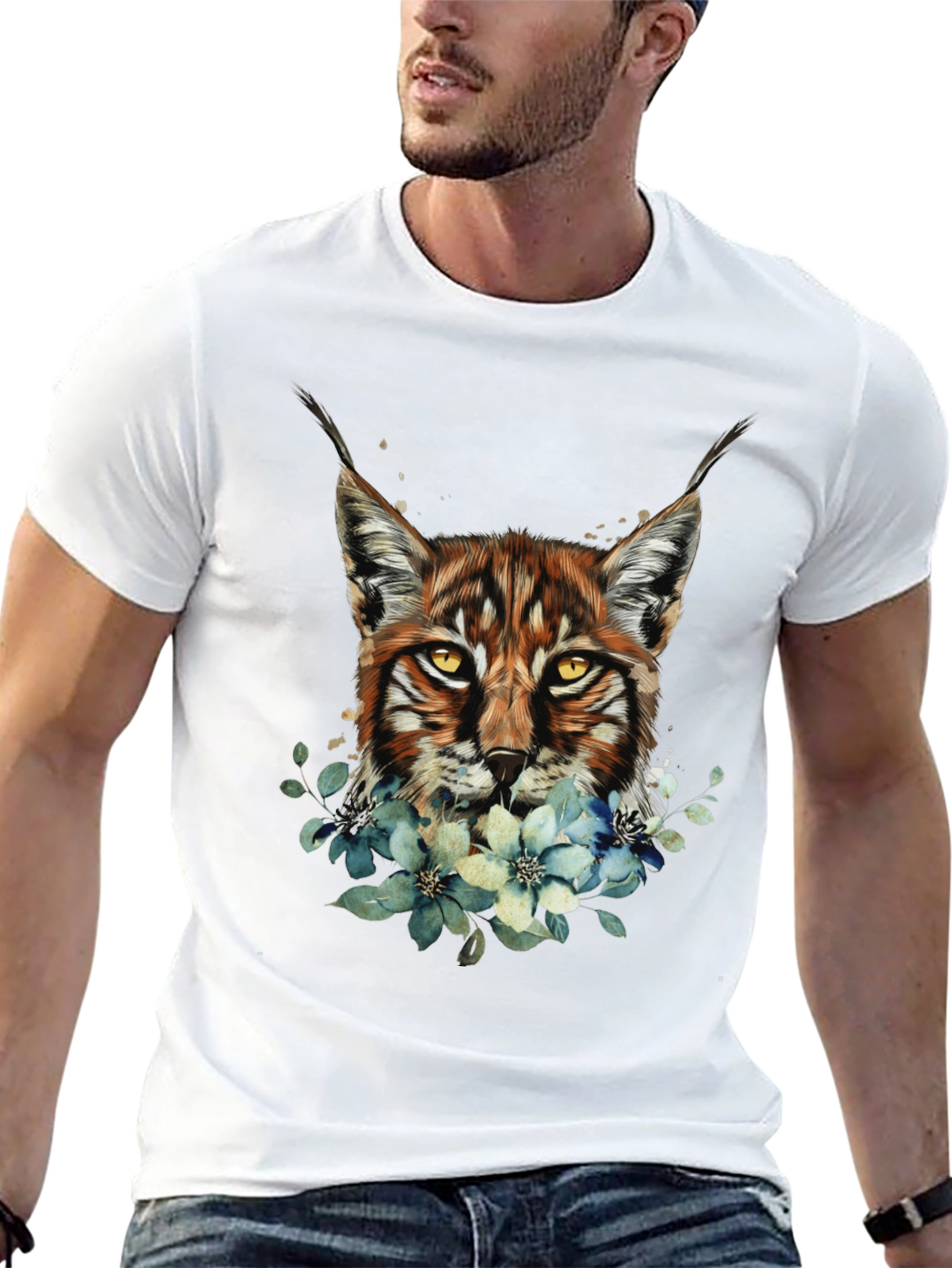 Lynx & Floral Graphic Black T-Shirt