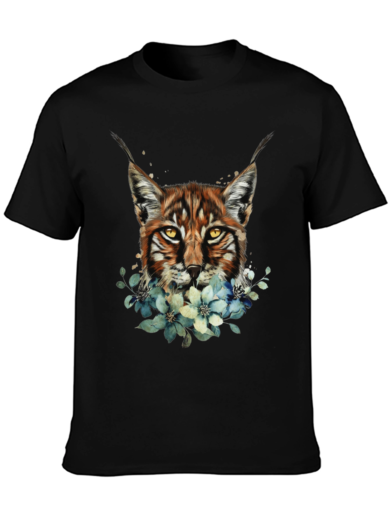 Lynx & Floral Graphic Black T-Shirt