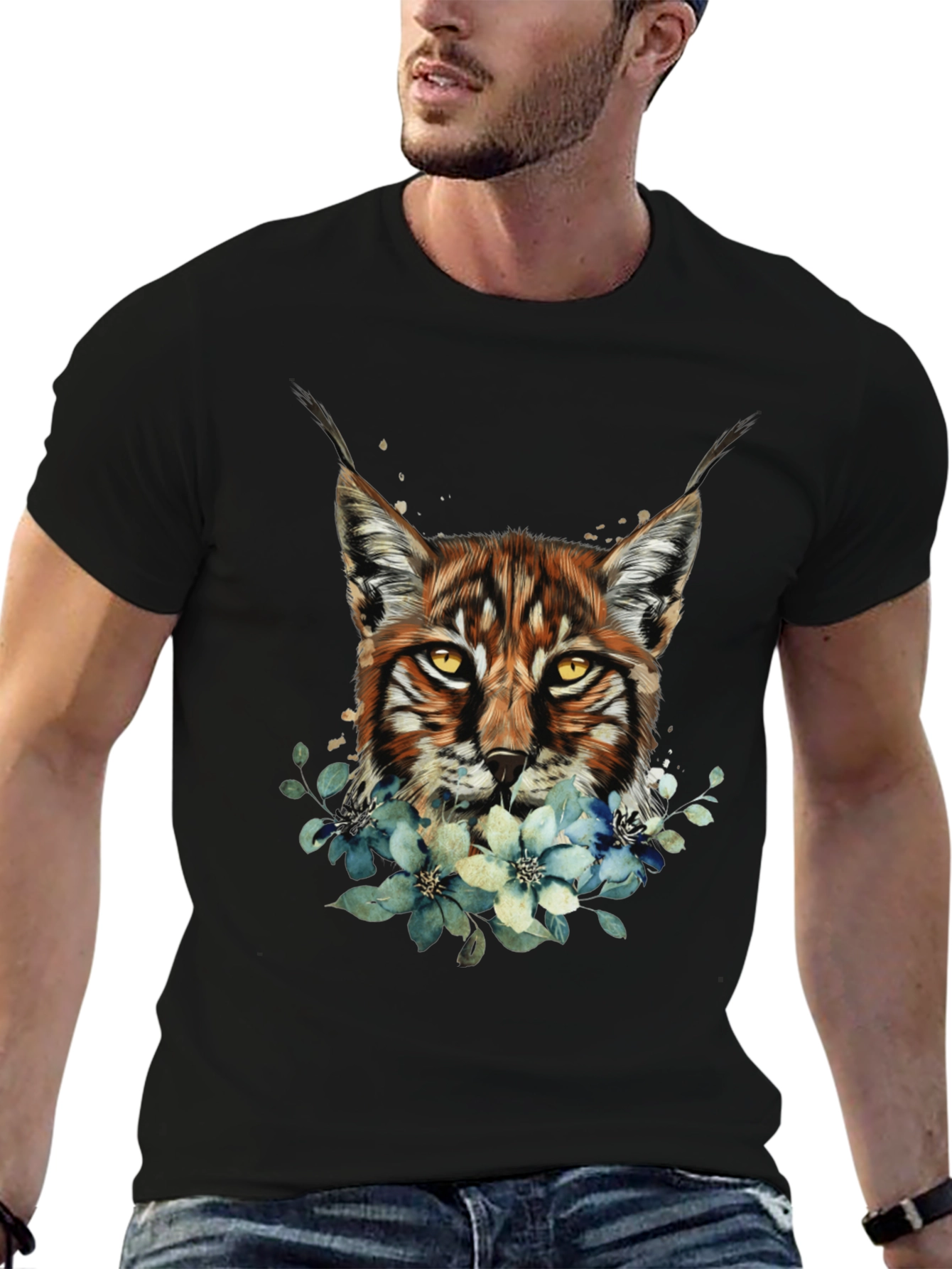 Lynx & Floral Graphic Black T-Shirt