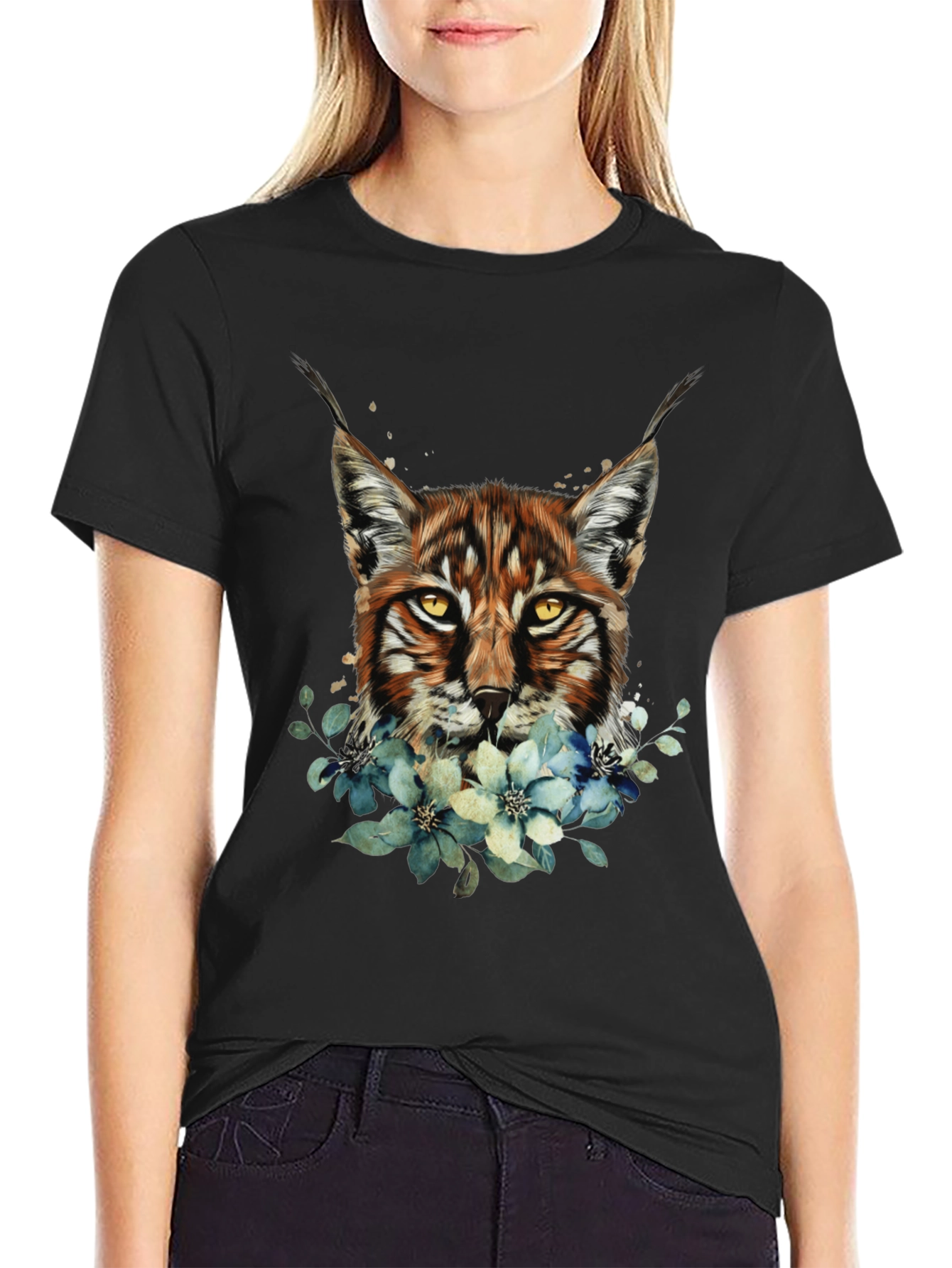Lynx & Floral Graphic Black T-Shirt