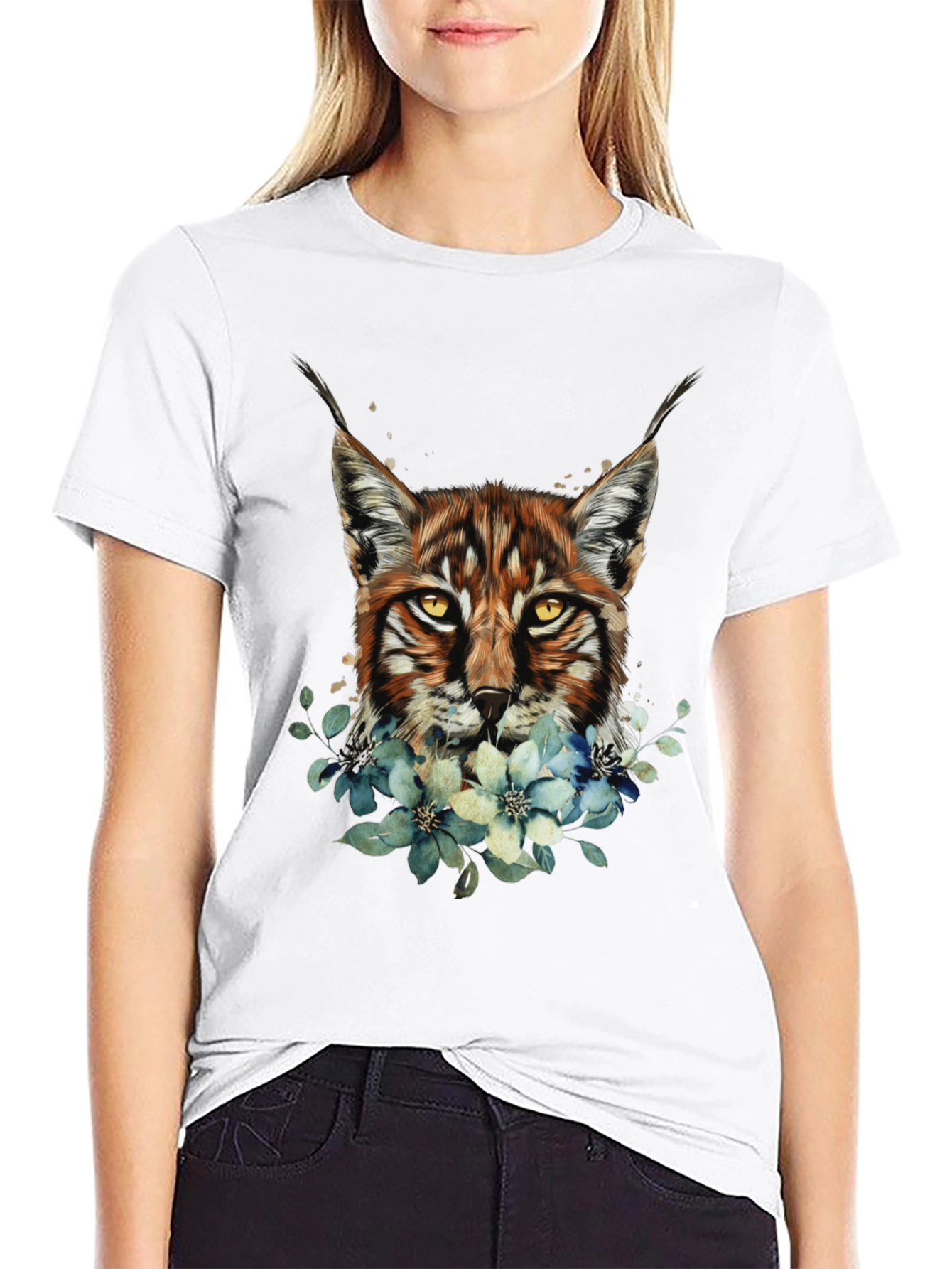 Lynx & Floral Graphic Black T-Shirt