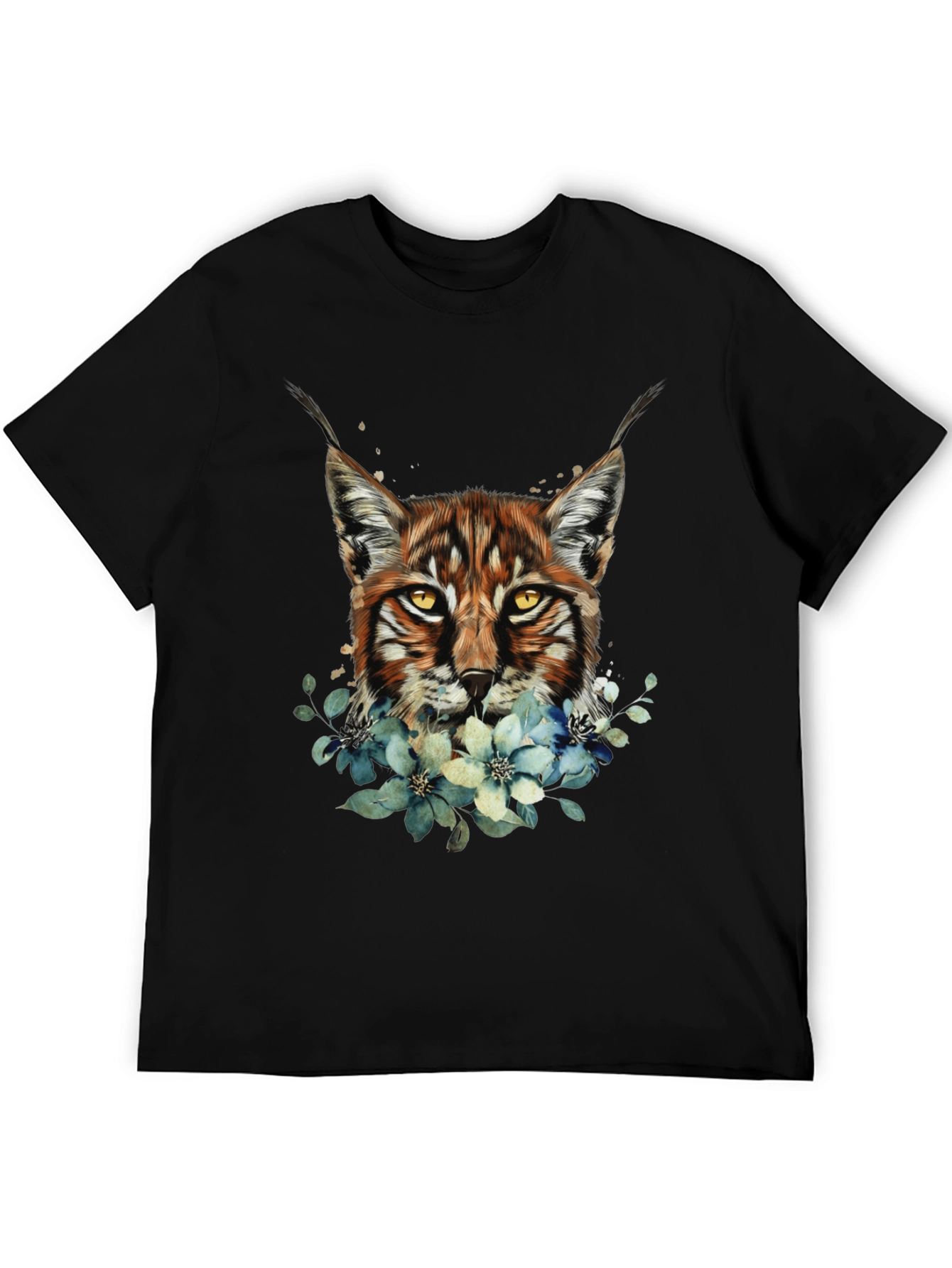 Lynx & Floral Graphic Black T-Shirt