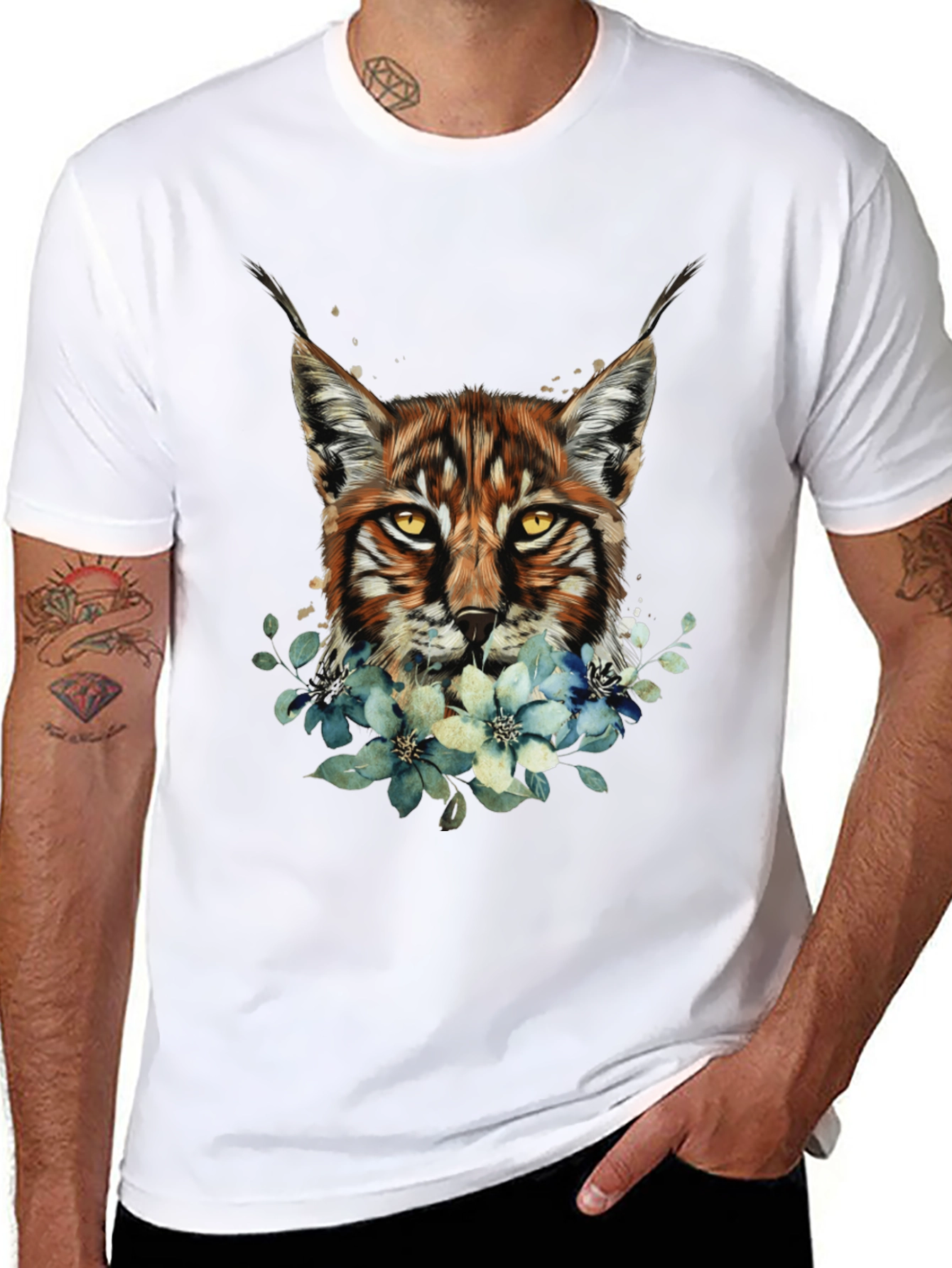 Lynx & Floral Graphic Black T-Shirt