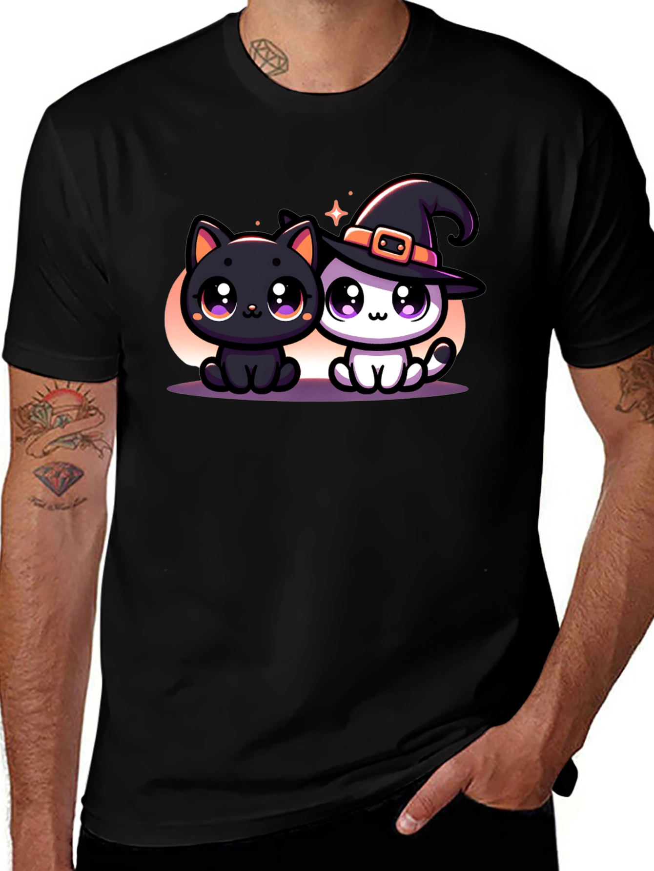 Cute Halloween Cats Graphic Tee - Black