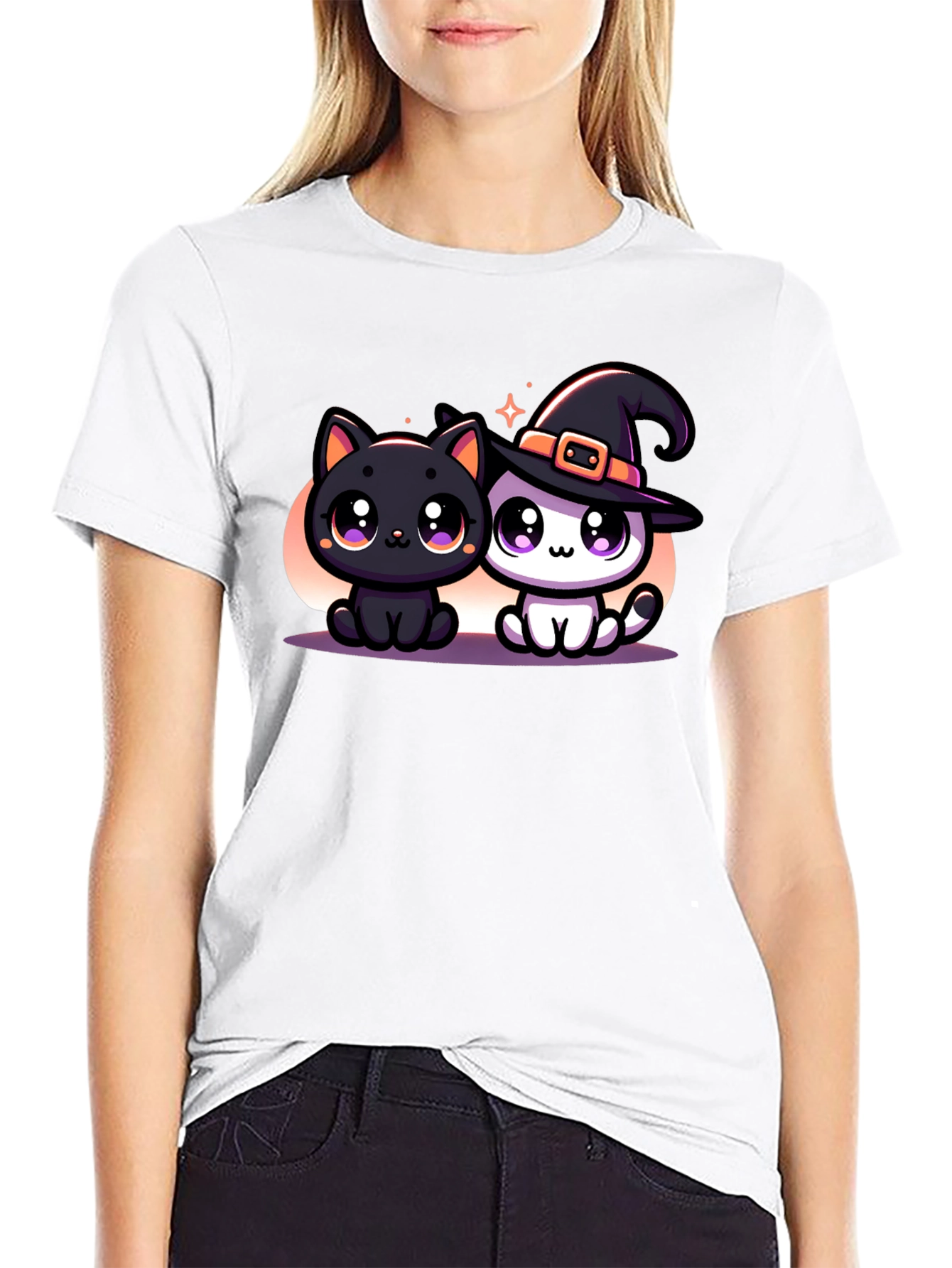 Cute Halloween Cats Graphic Tee - Black
