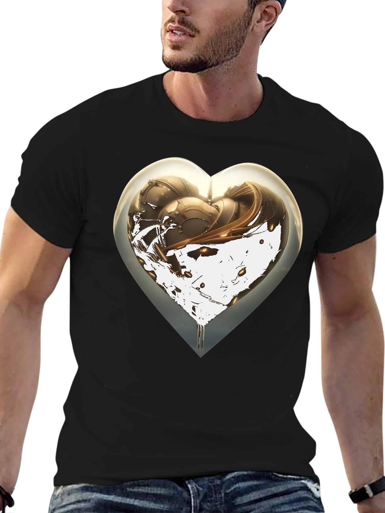 Abstract Heart Graphic Mens Black T-Shirt