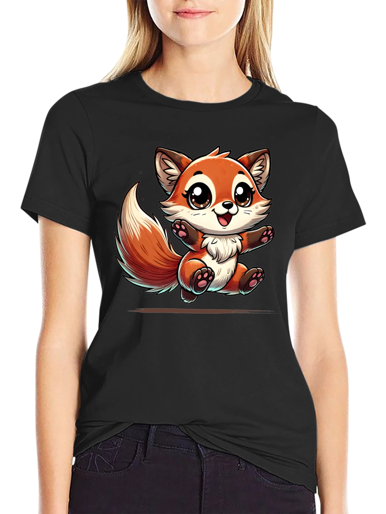 Cute Fox Graphic Tee - Black Cotton T-Shirt