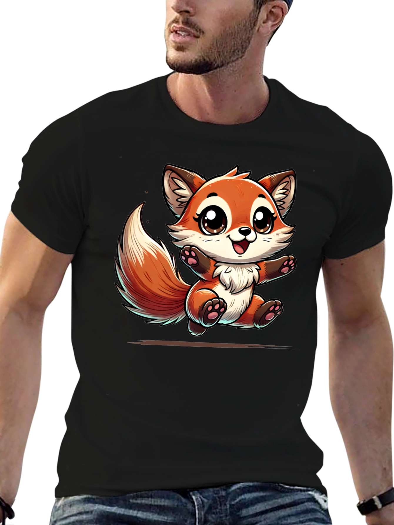 Cute Fox Graphic Tee - Black Cotton T-Shirt