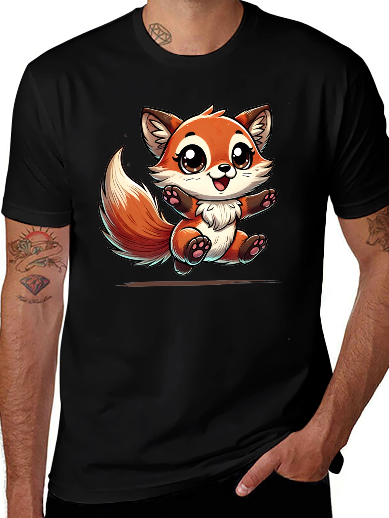 Cute Fox Graphic Tee - Black Cotton T-Shirt