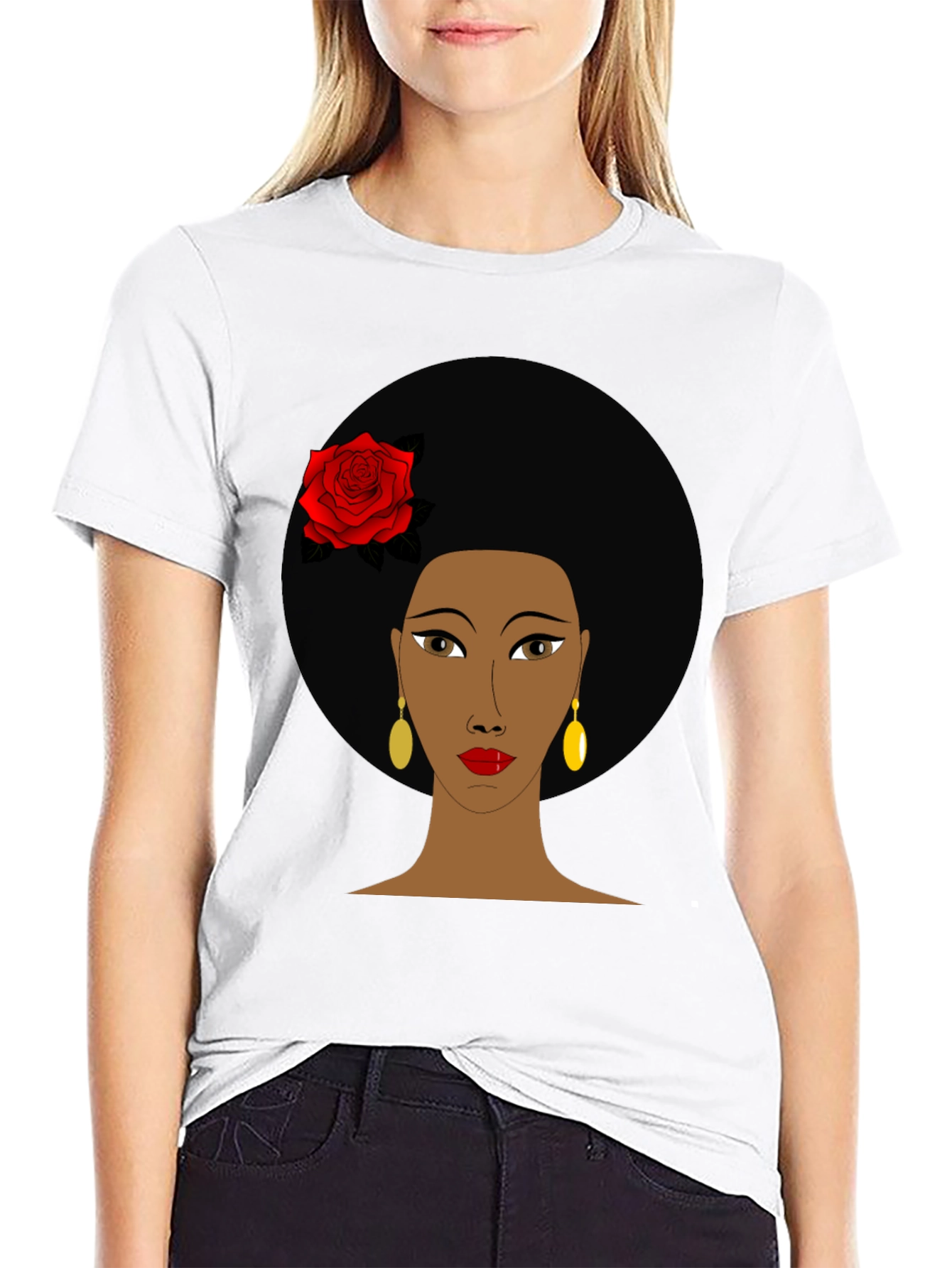 Afro Woman Rose Graphic Tee - Stylish Black T-Shirt