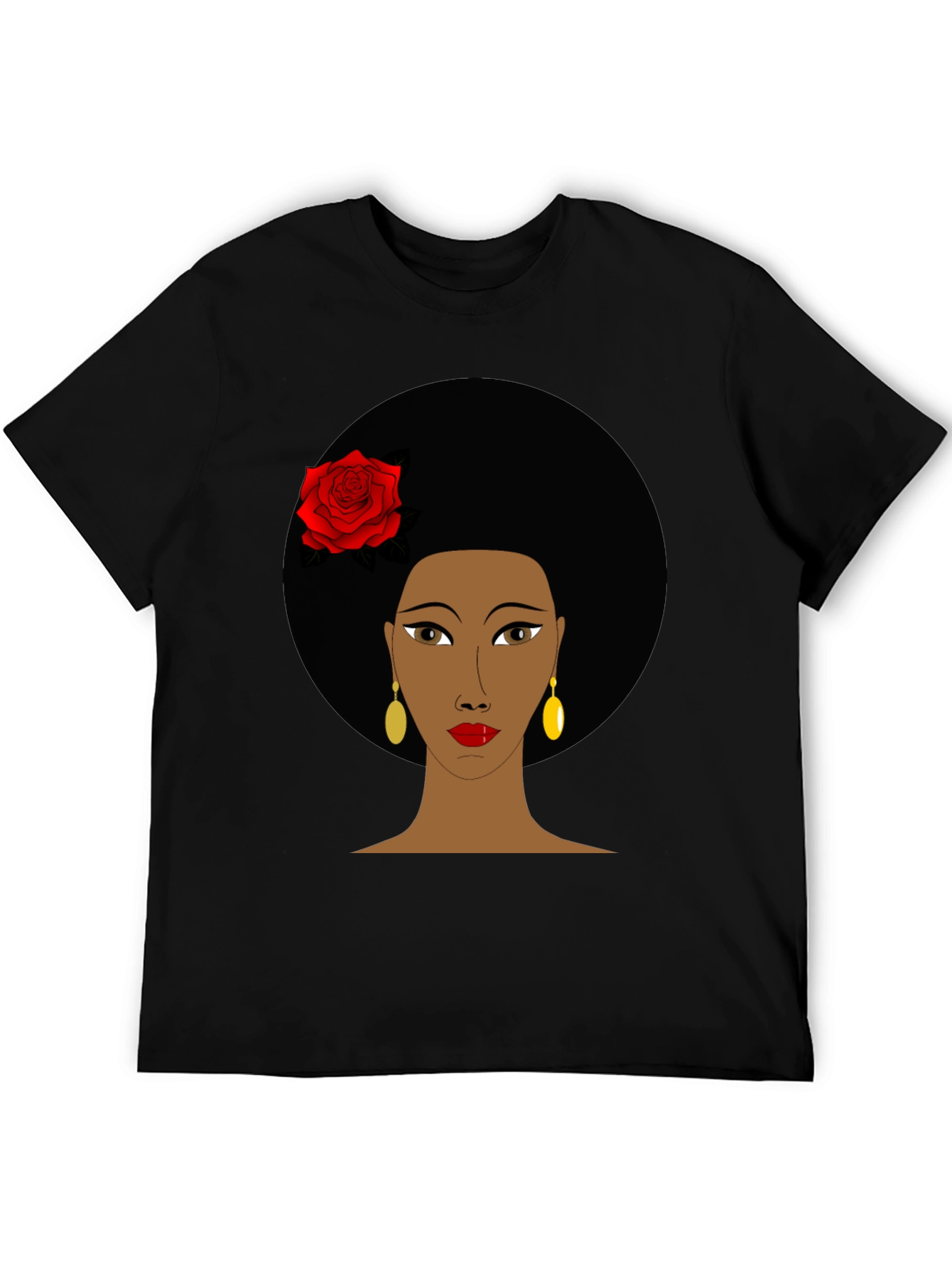 Afro Woman Rose Graphic Tee - Stylish Black T-Shirt