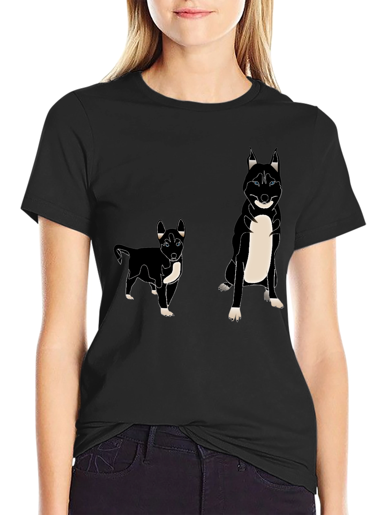 Husky Dog Print T-Shirt - Black
