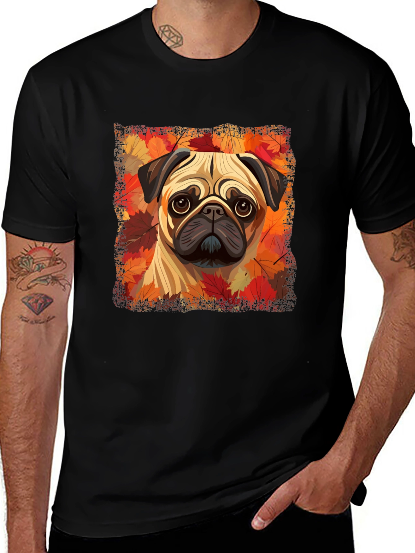 Pug in Autumn Leaves Graphic T-Shirt