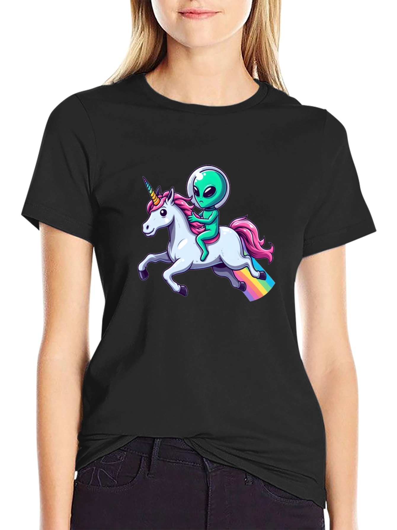 Alien Riding Unicorn Graphic T-Shirt
