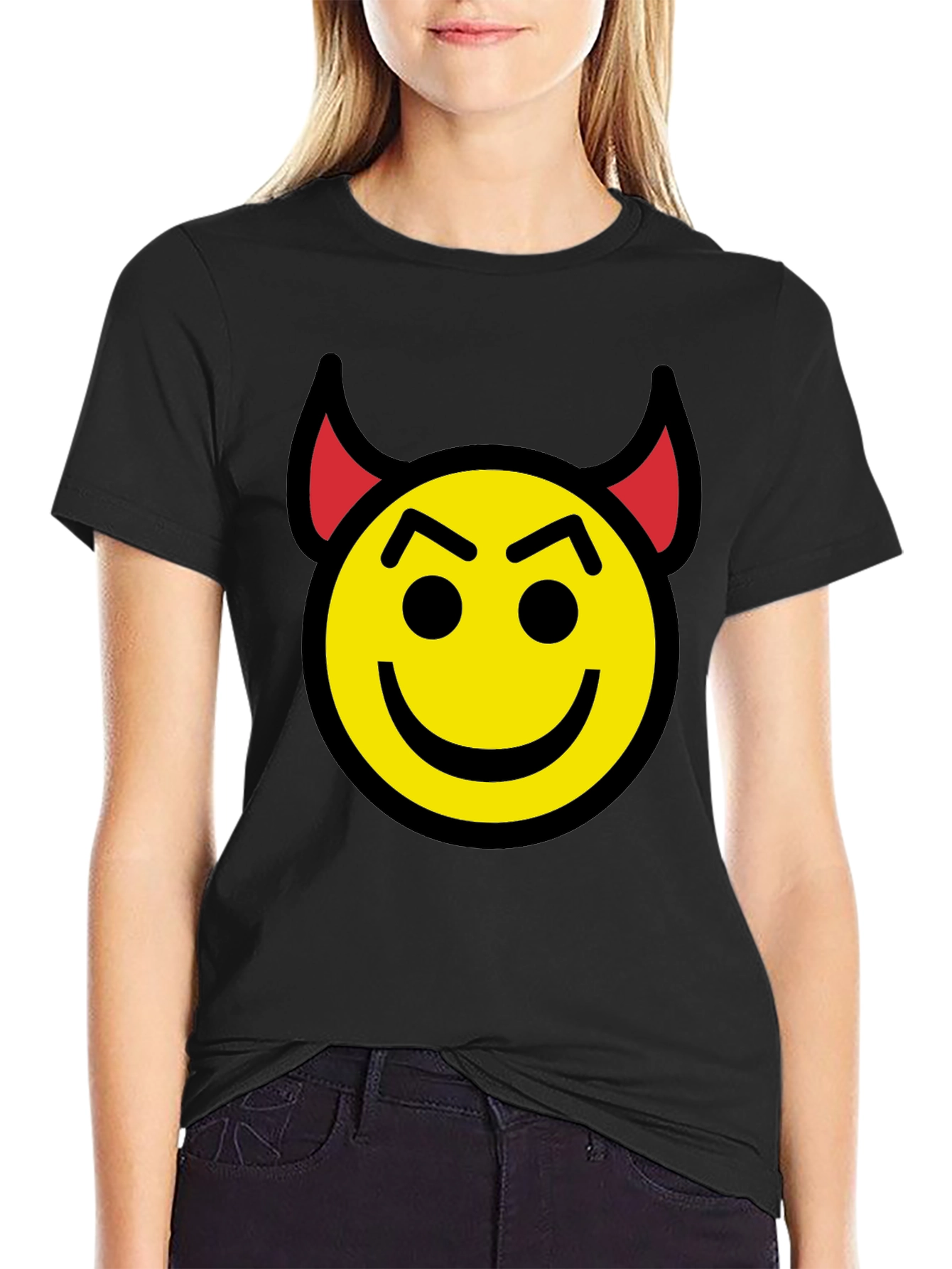 Devil Emoji Graphic Tee - Black Cotton Blend