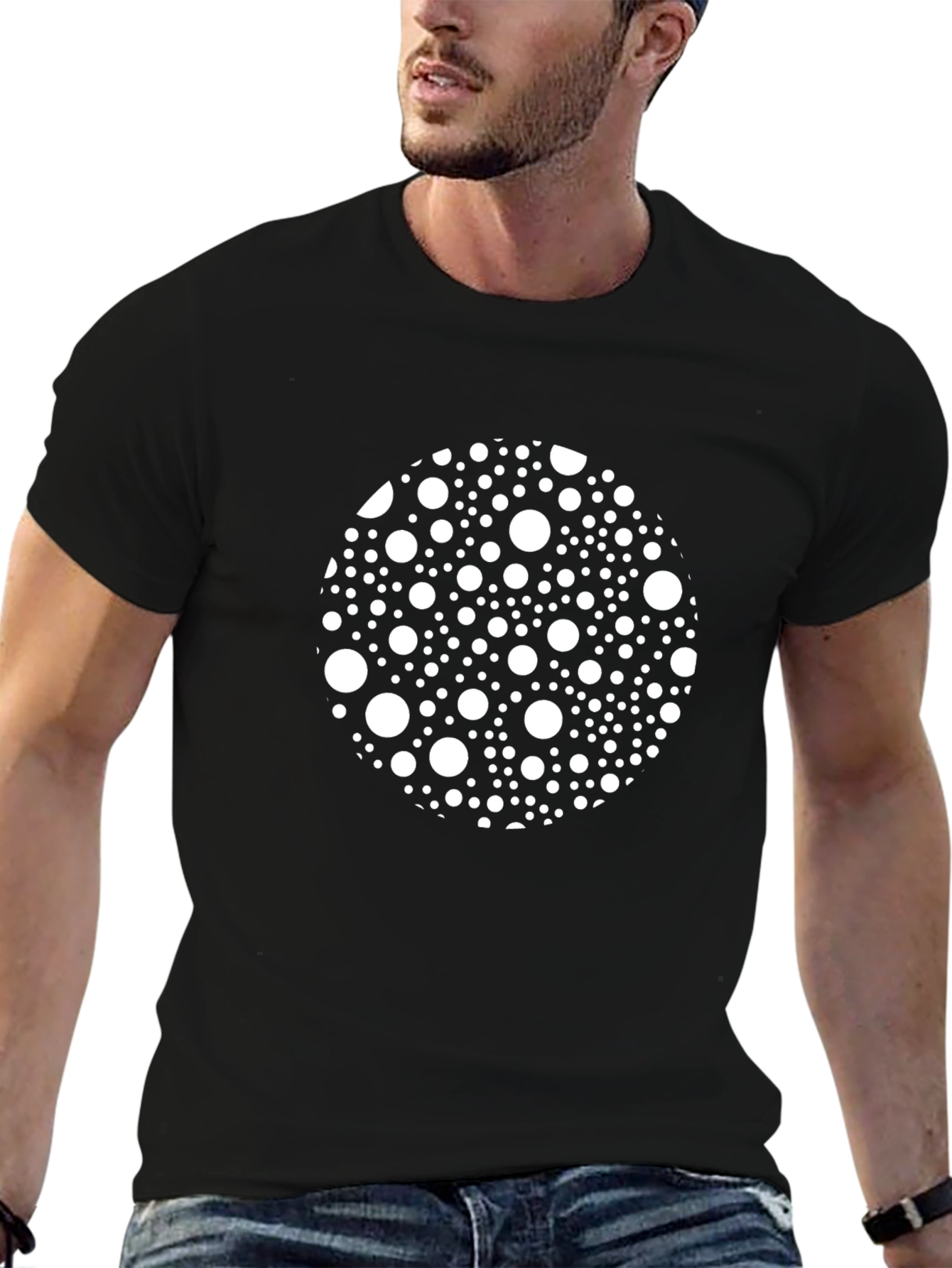 Black Tee with White Polka Dot Circle Design
