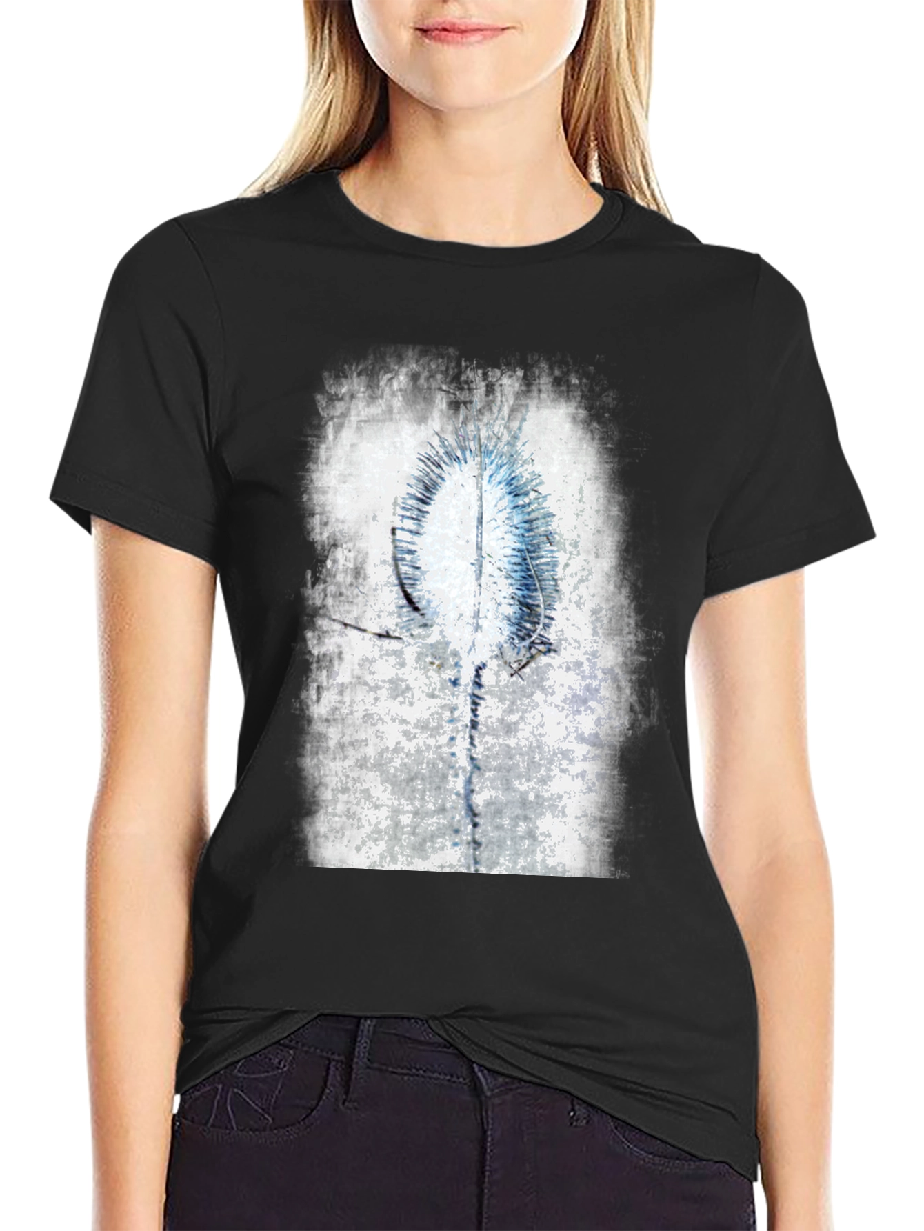 Abstract Blue & White Graphic Black T-Shirt