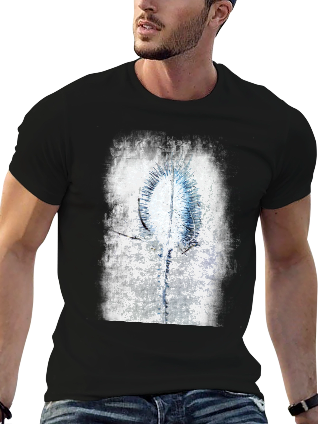 Abstract Blue & White Graphic Black T-Shirt