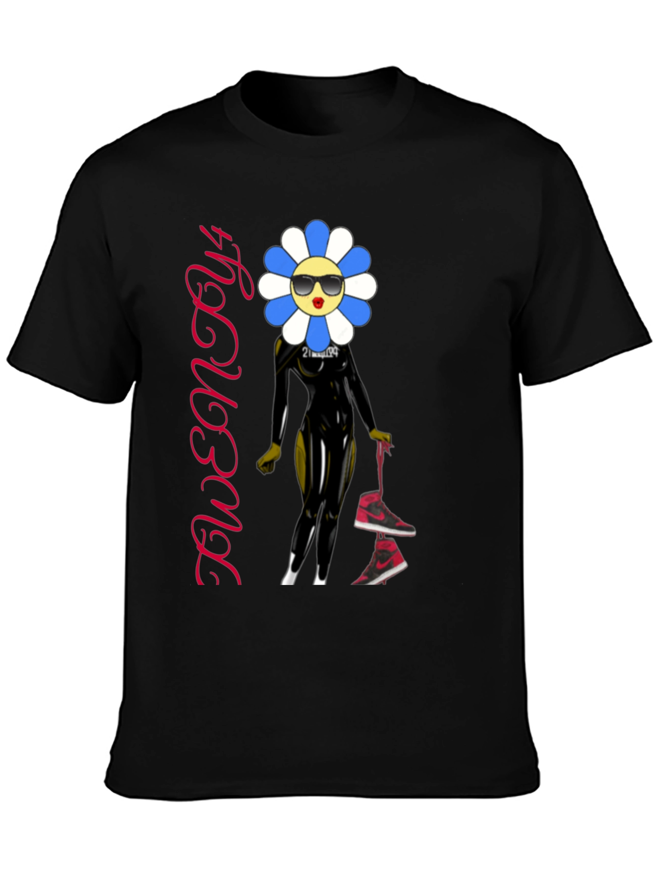 Trendy Flower Character Graphic Black T-Shirt