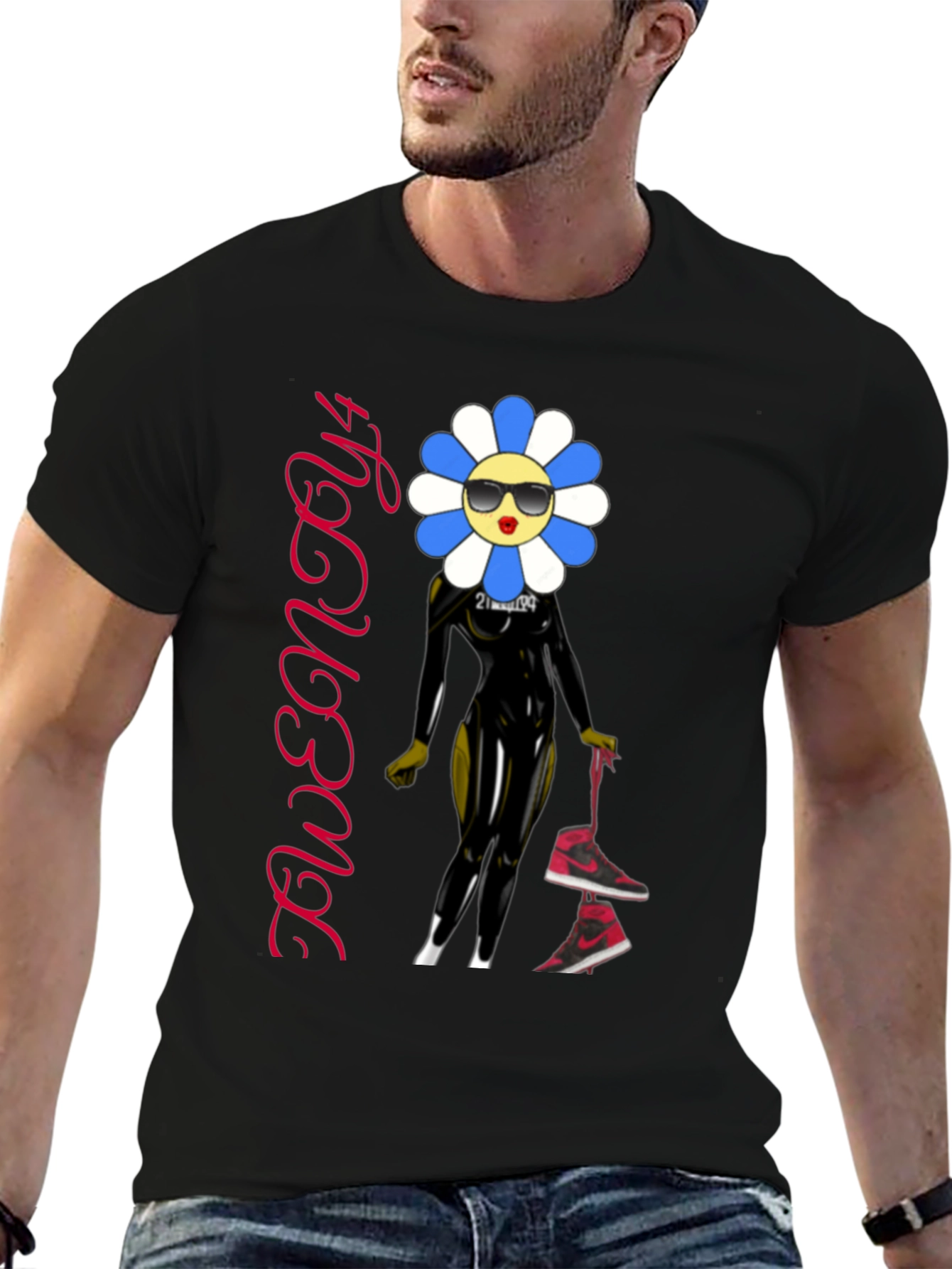Trendy Flower Character Graphic Black T-Shirt