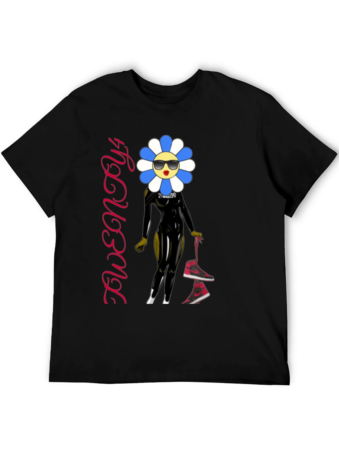 Trendy Flower Character Graphic Black T-Shirt