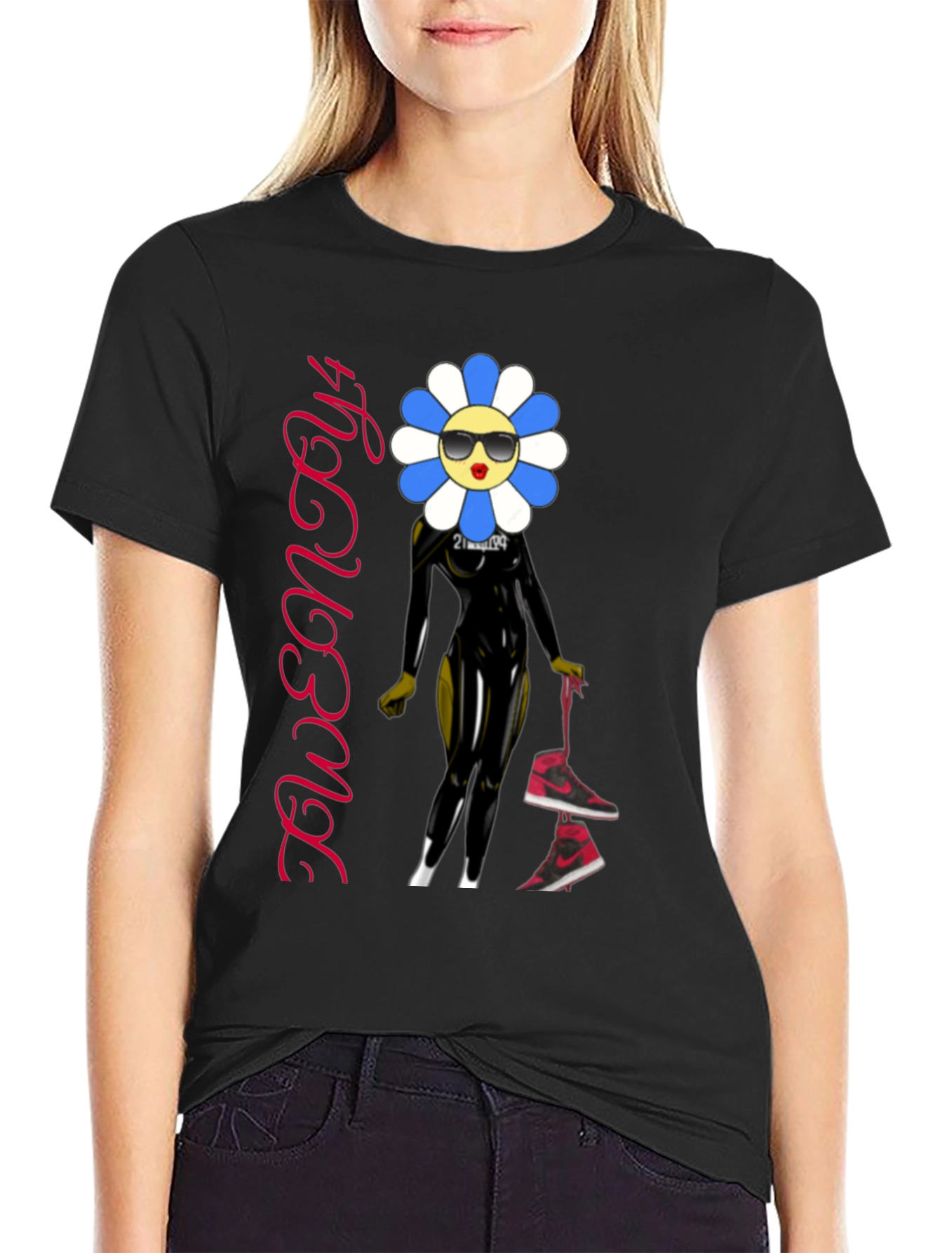 Trendy Flower Character Graphic Black T-Shirt