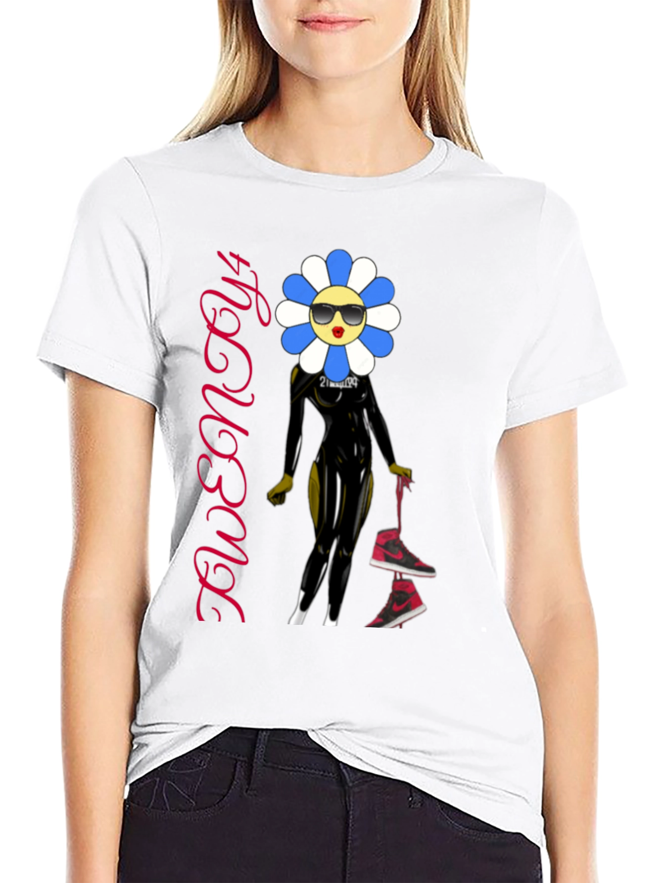 Trendy Flower Character Graphic Black T-Shirt