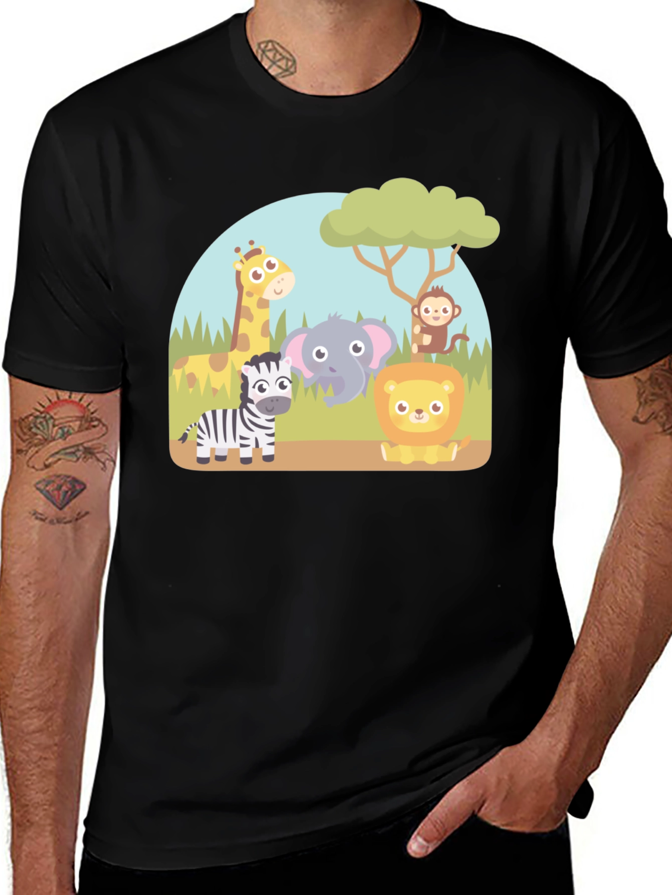 Cartoon Safari Animal Graphic T-Shirt