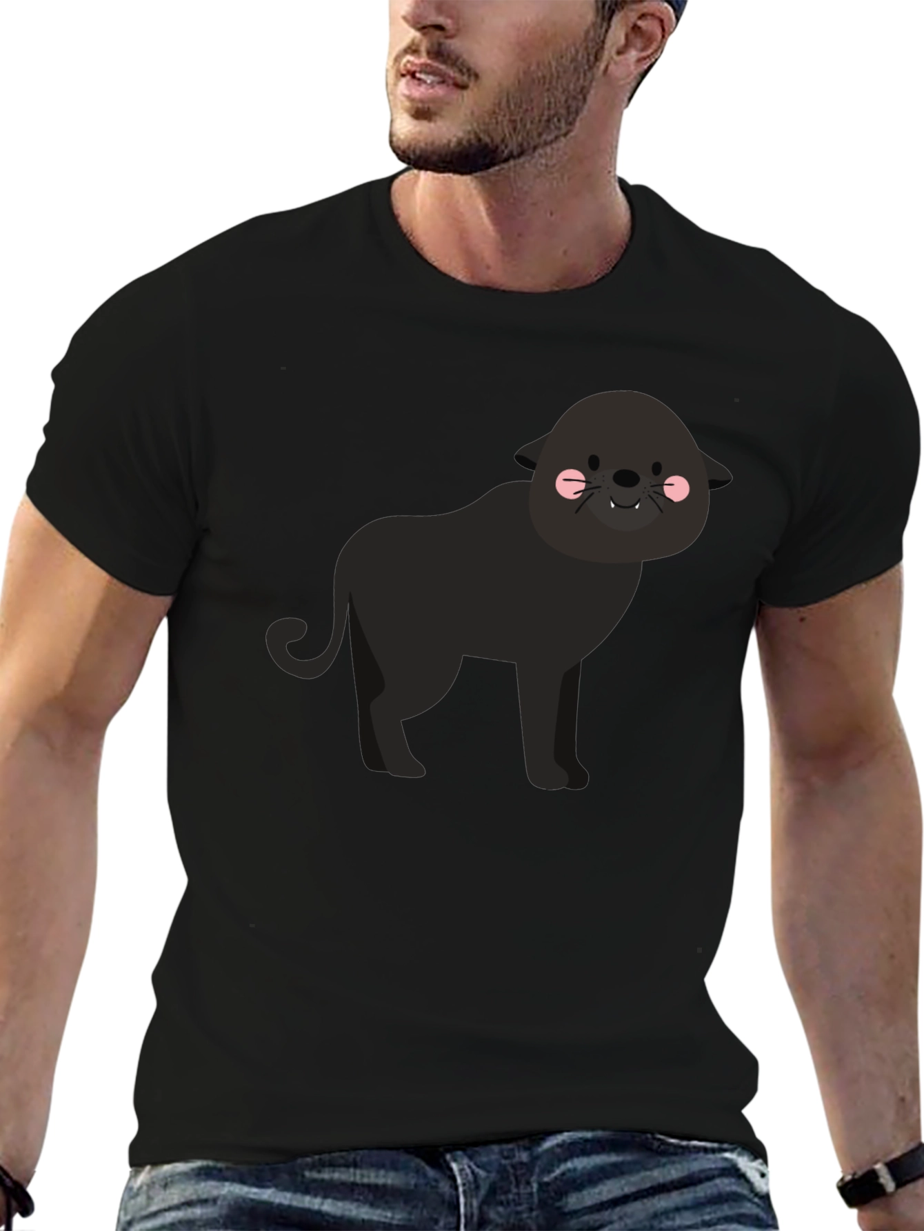 Cute Cartoon Panther Graphic Tee - Black T-Shirt