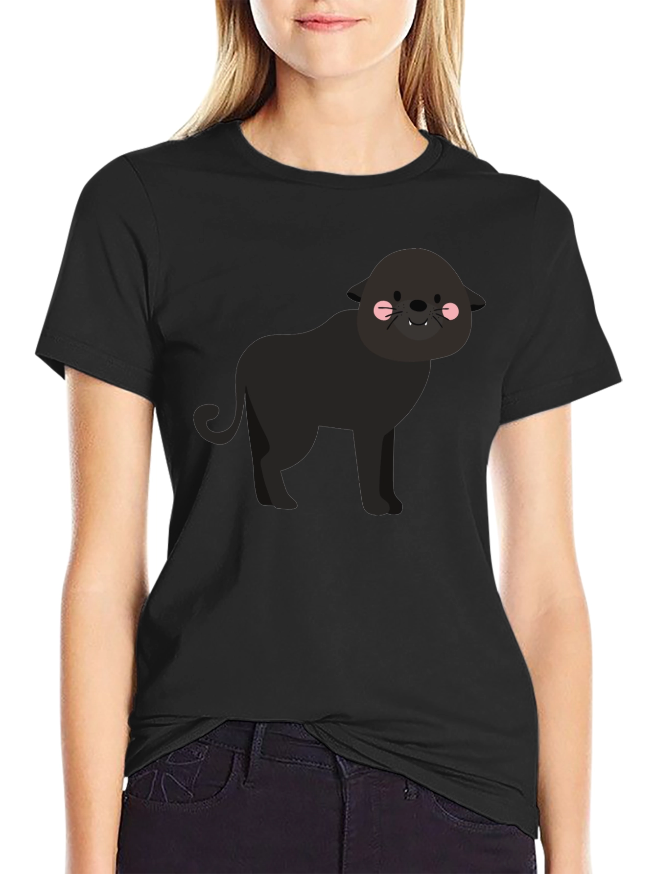 Cute Cartoon Panther Graphic Tee - Black T-Shirt