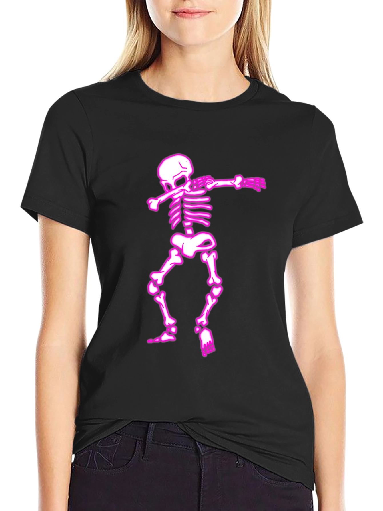 Pink Dabbing Skeleton Black T-Shirt
