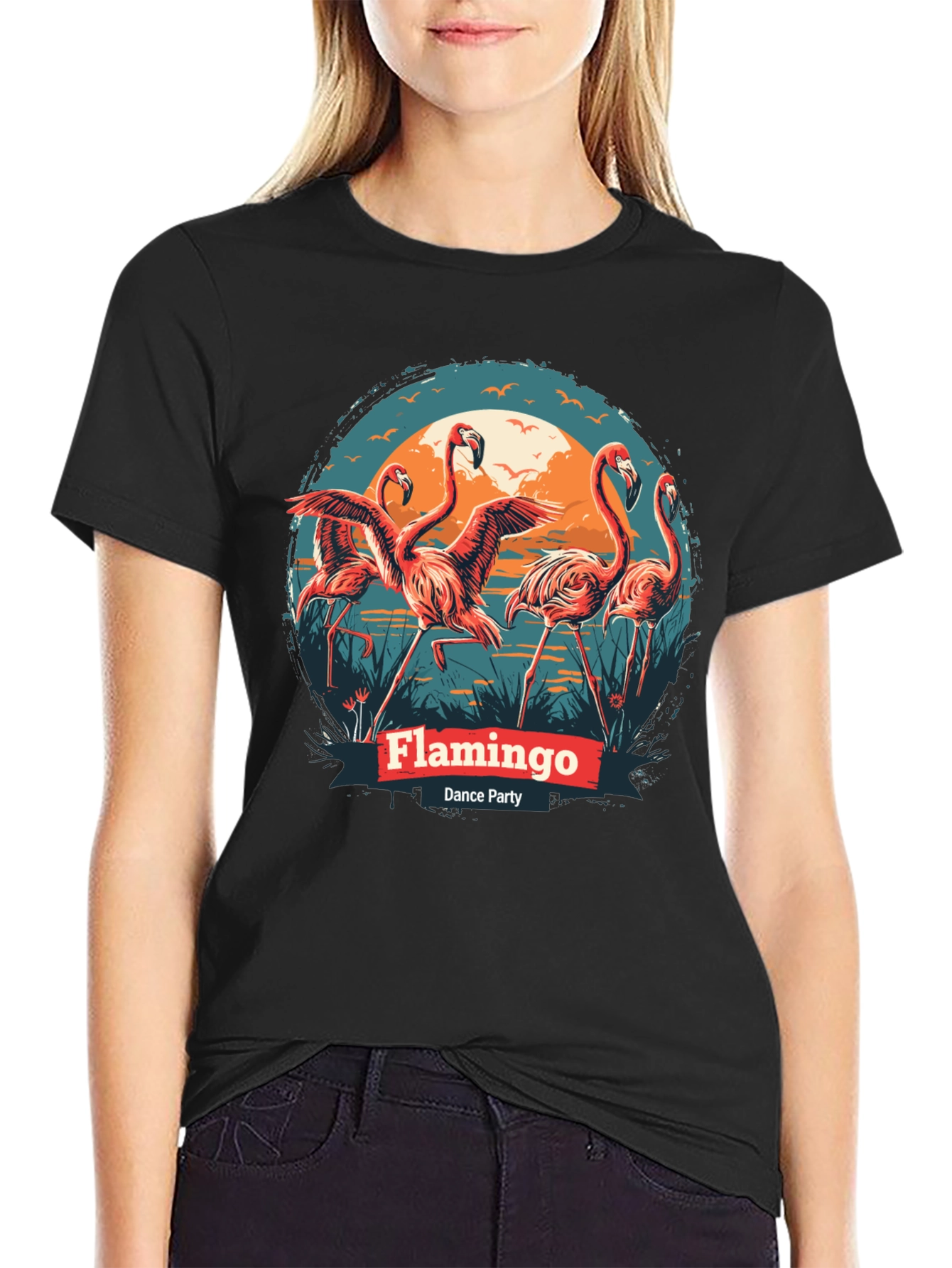 Flamingo Dance Party T-Shirt - Black Cotton