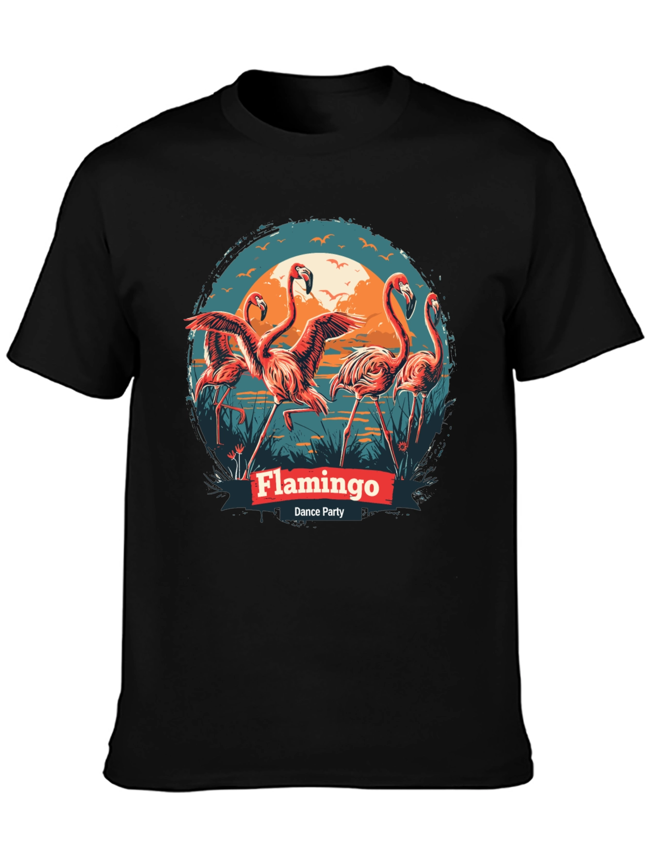 Flamingo Dance Party T-Shirt - Black Cotton