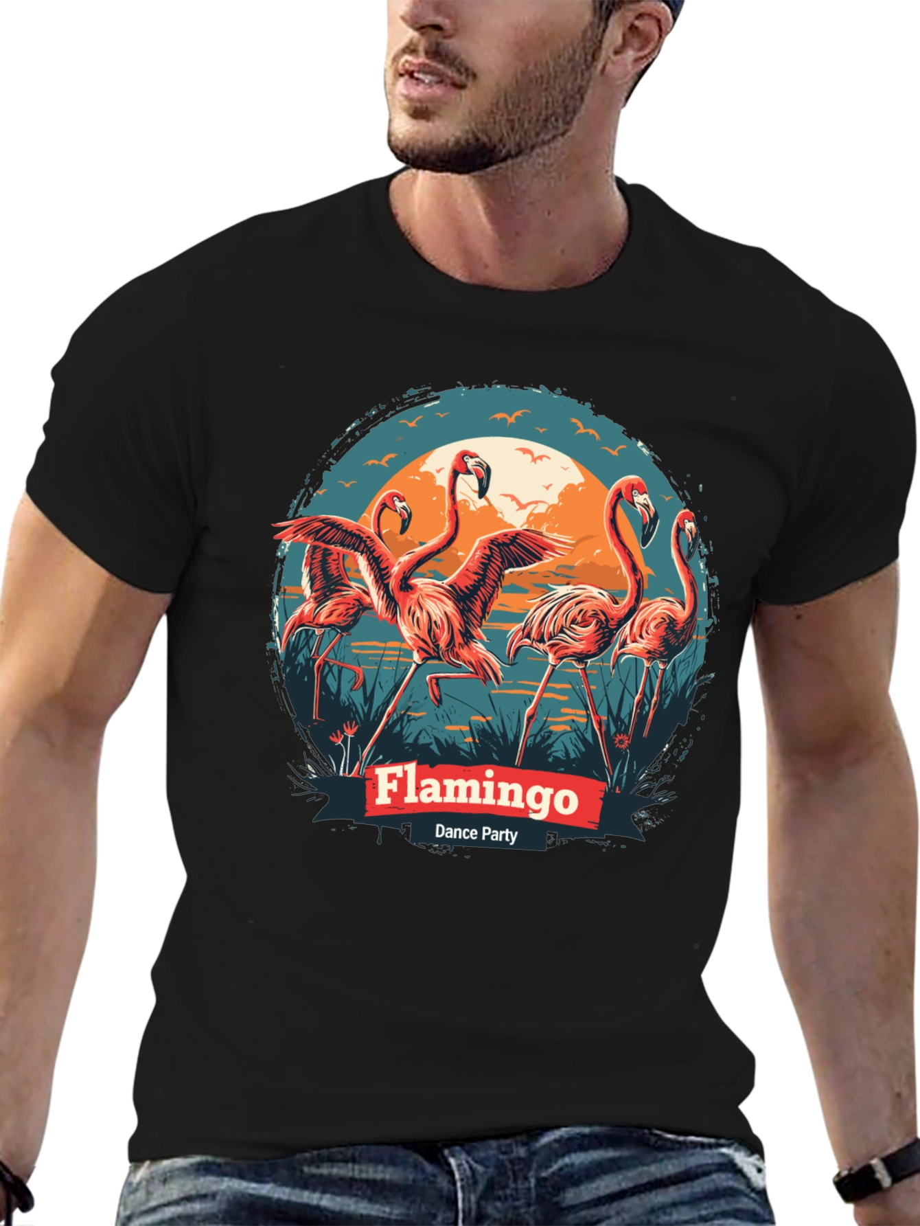 Flamingo Dance Party T-Shirt - Black Cotton